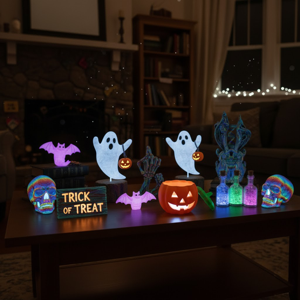 A cozy living room setup with Halloween-themed 3D-printed decorations, including glowing ghosts, bats, a pumpkin, and Frankenstein's head, alongside spools of glowing 3D printer filament on a wooden table