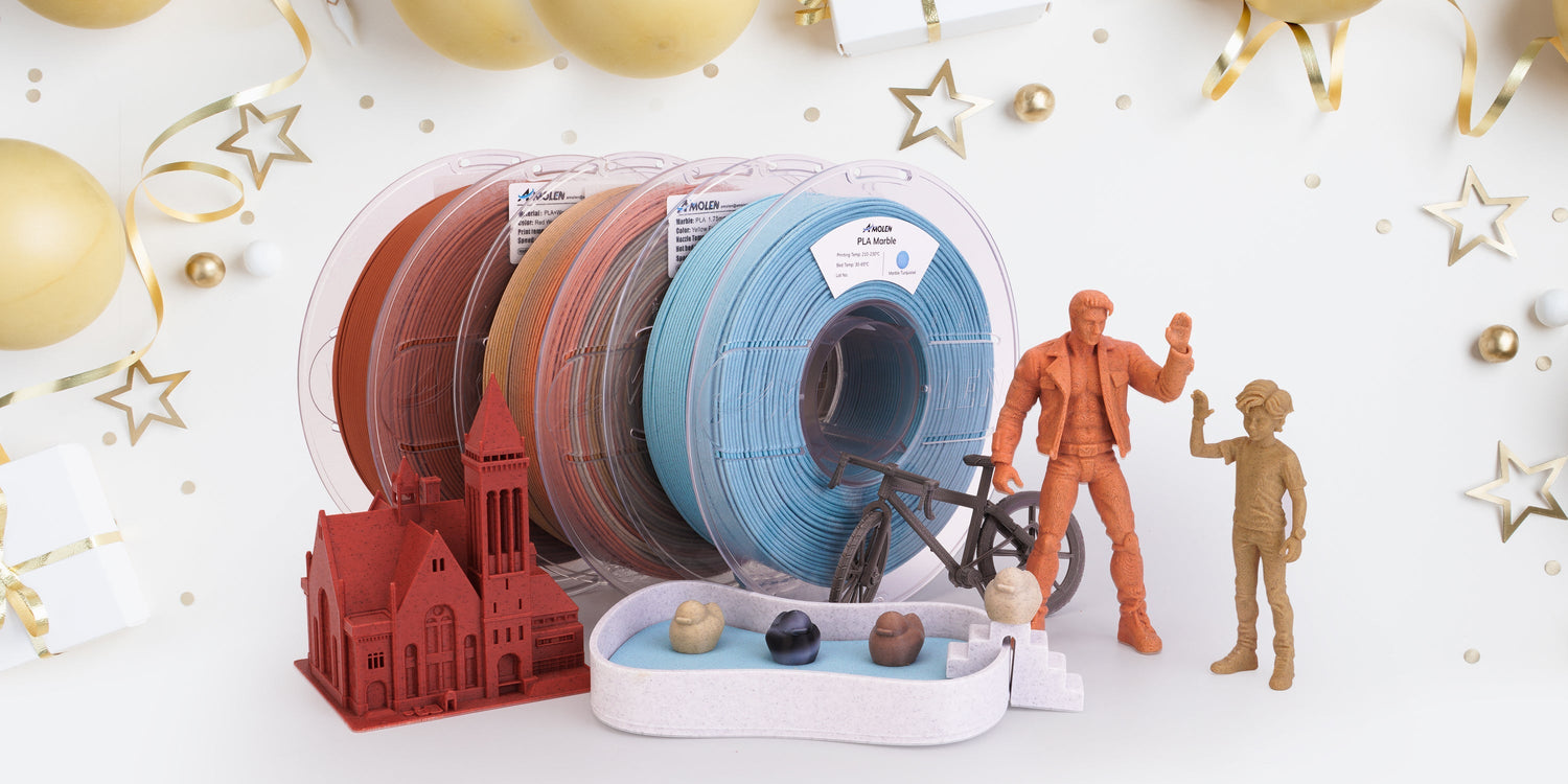 Colorful 3D printer filament spools with printed models and miniature figures on festive background