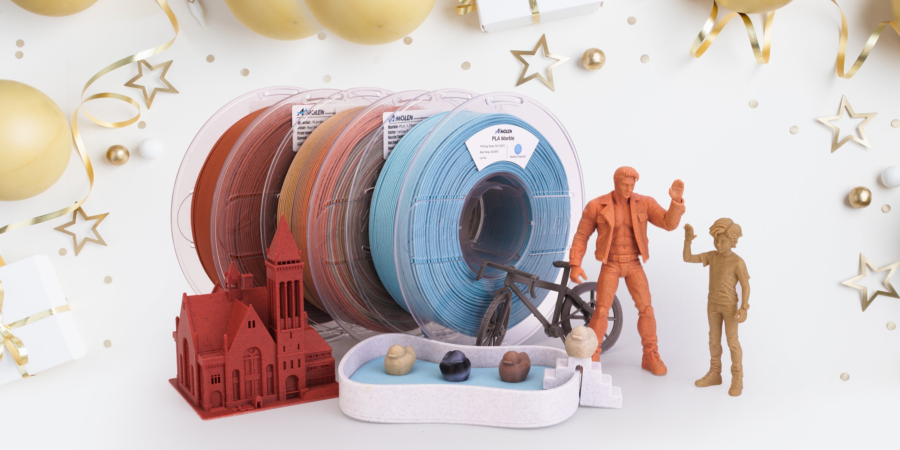 Colorful 3D printer filament spools with printed models and miniature figures on festive background