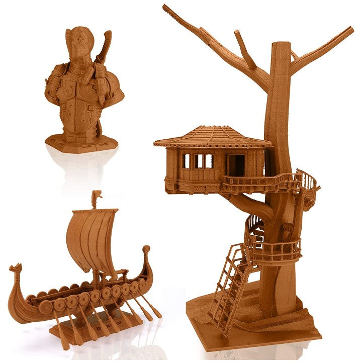 High-detail models 3D printed with Amolen wood filament, including a treehouse and Viking ship.