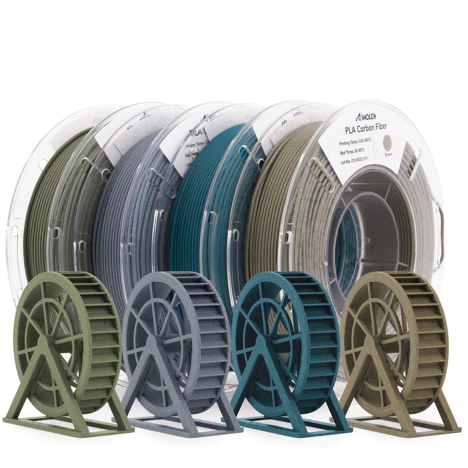 Amolen PLA Carbon Fiber Variety Pack with diverse colors, 1.75mm filament samples for 3D printing, wheel model examples