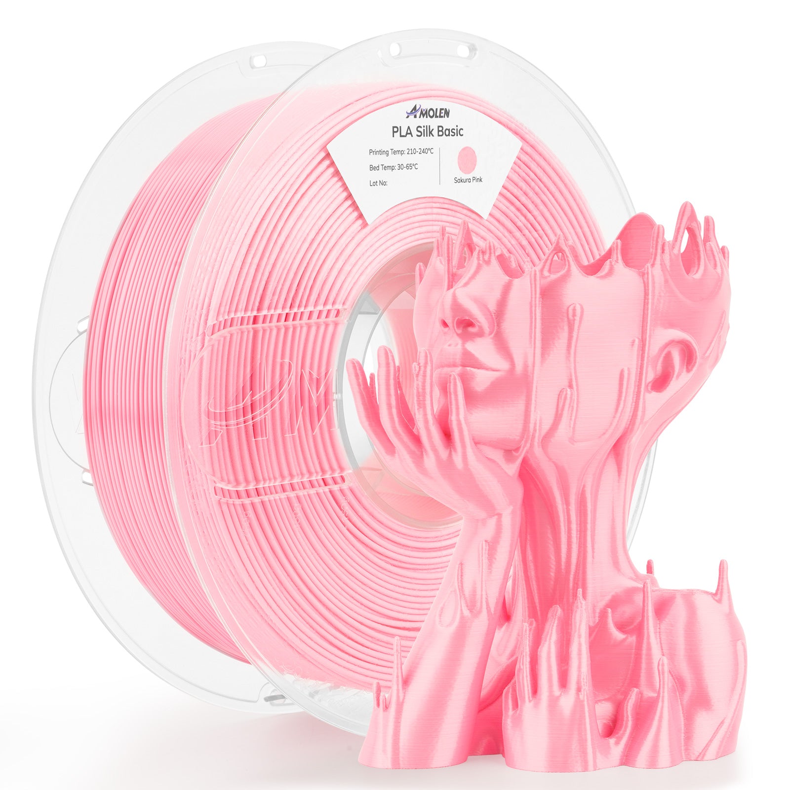Amolen PLA Silk Basic Sakura Pink filament spool with a 3D printed sculpture, showing a smooth, shiny finish.
