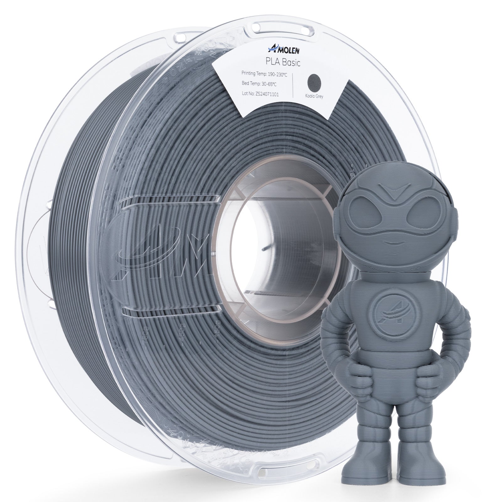 Amolen PLA Basic Koala Grey filament spool and 3D-printed robot figure; 3D printing material.