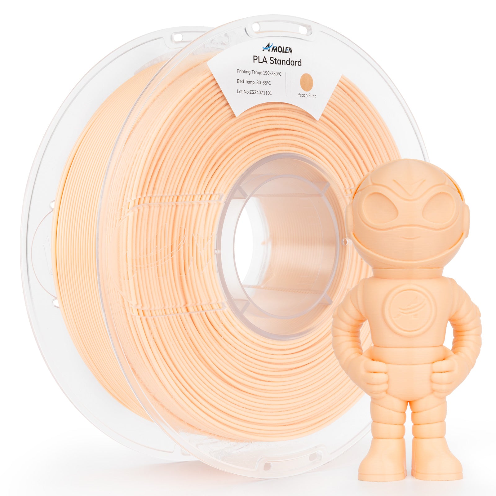 Amolen PLA Standard Peach Fuzz filament spool and 3D-printed figure, high-speed 3D printing material.