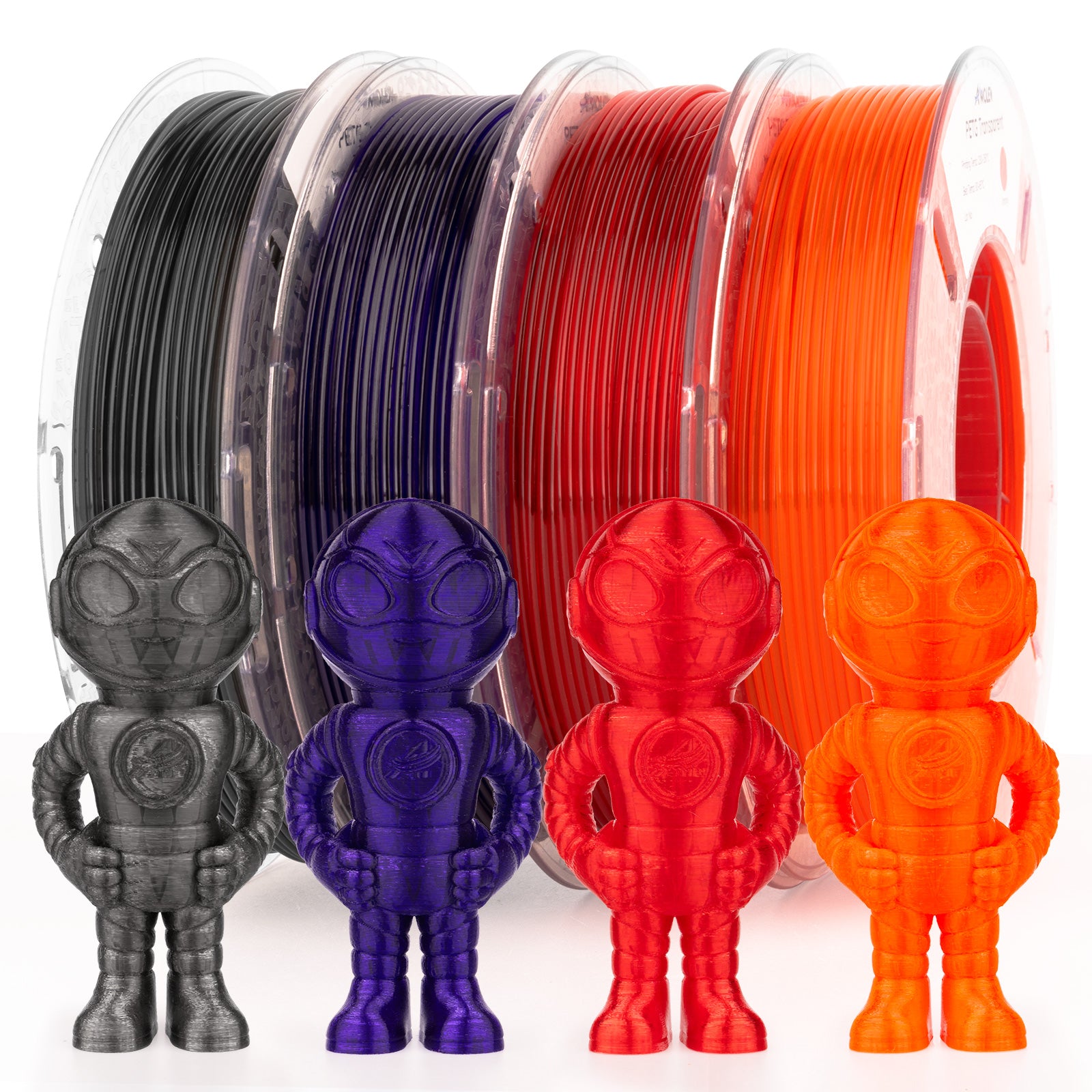 Amolen PETG Transparent filaments variety pack, showcasing 3D printed robot figurines in different colors.