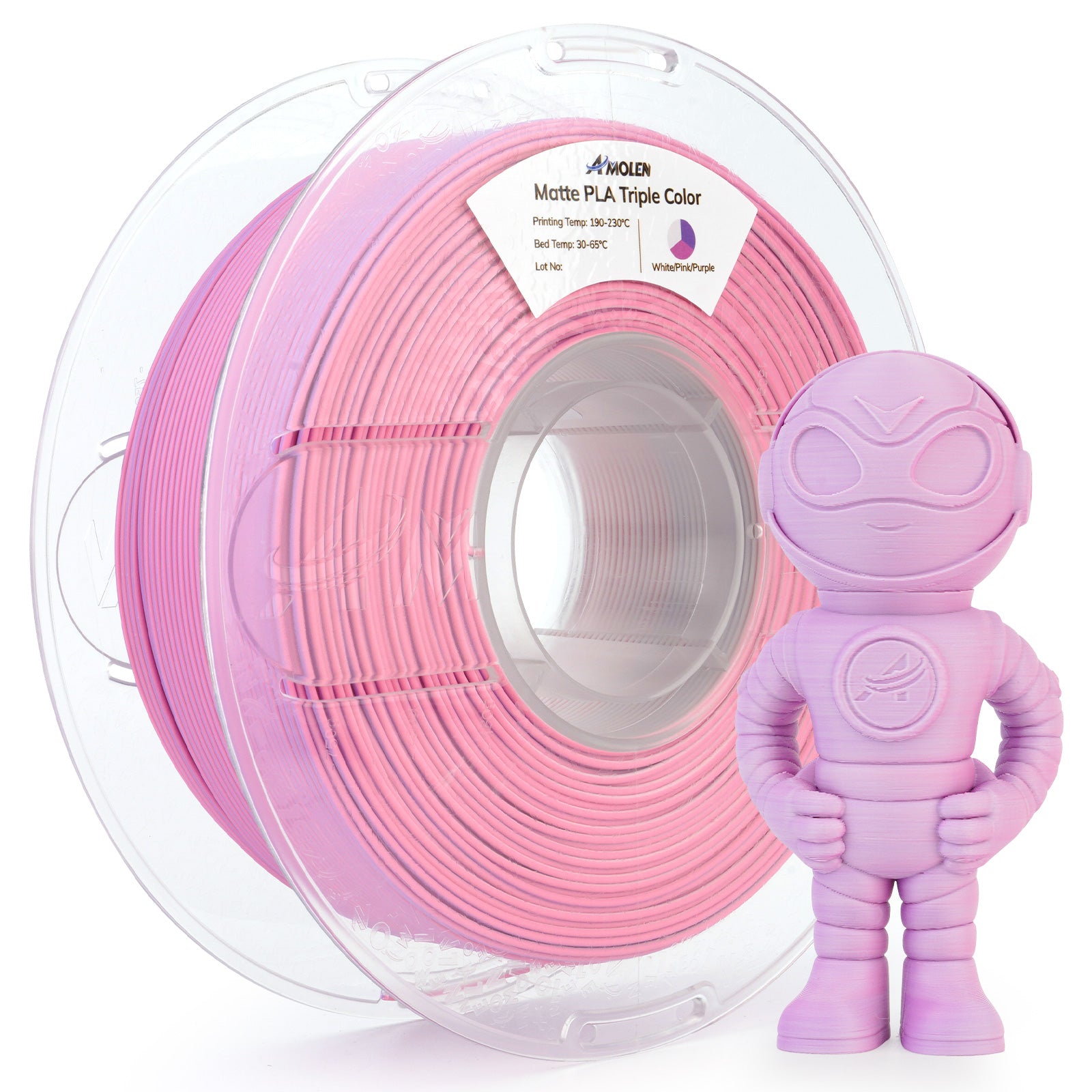 Amolen Matte PLA Triple Color filament spool with 3D printed robot. White/Pink/Purple 3D printing filament.