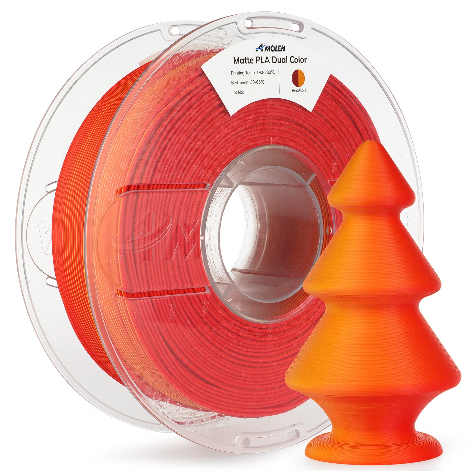 Amolen Matte PLA Dual Color filament spool with 3D printed tree, Red/Gold color transition, perfect for 3D printing.
