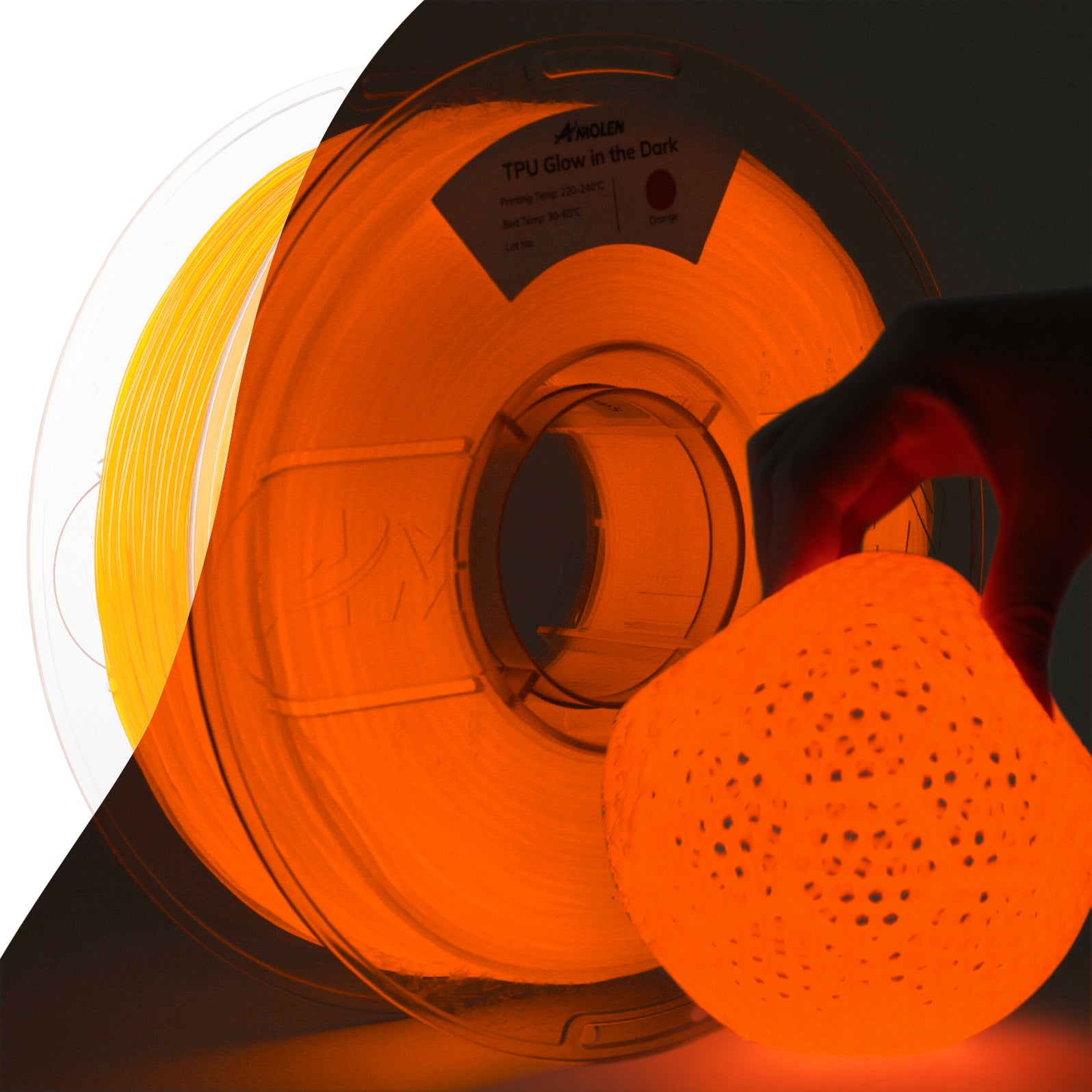 Amolen TPU Glow in the Dark Filament with orange glowing spool and printed sample for 3D printing projects