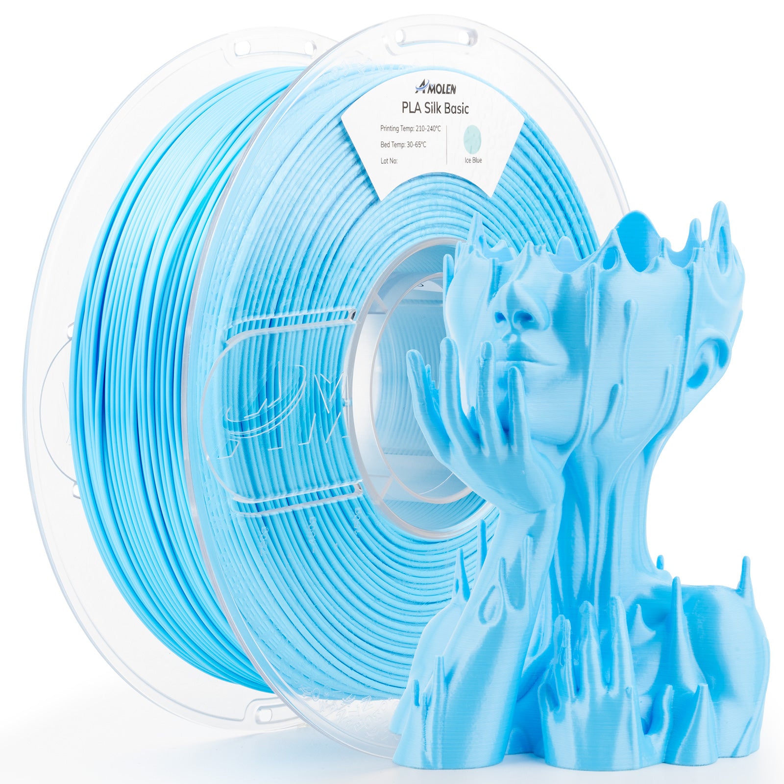 Amolen PLA Silk Basic Ice Blue filament spool with 3D printed sculpture, shiny finish for 3D printing.