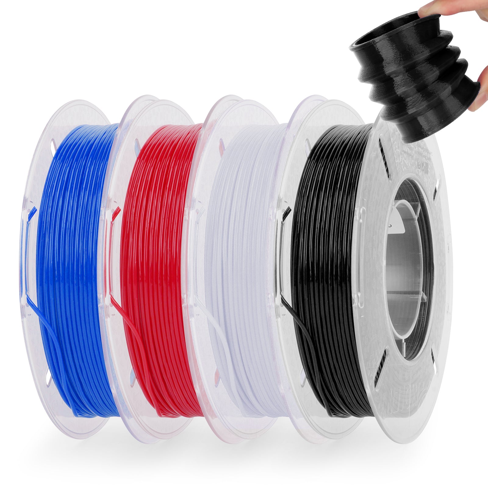 Amolen TPU Flexible Variety Pack showcasing blue, red, white, and black filaments with a printed black flexible part.