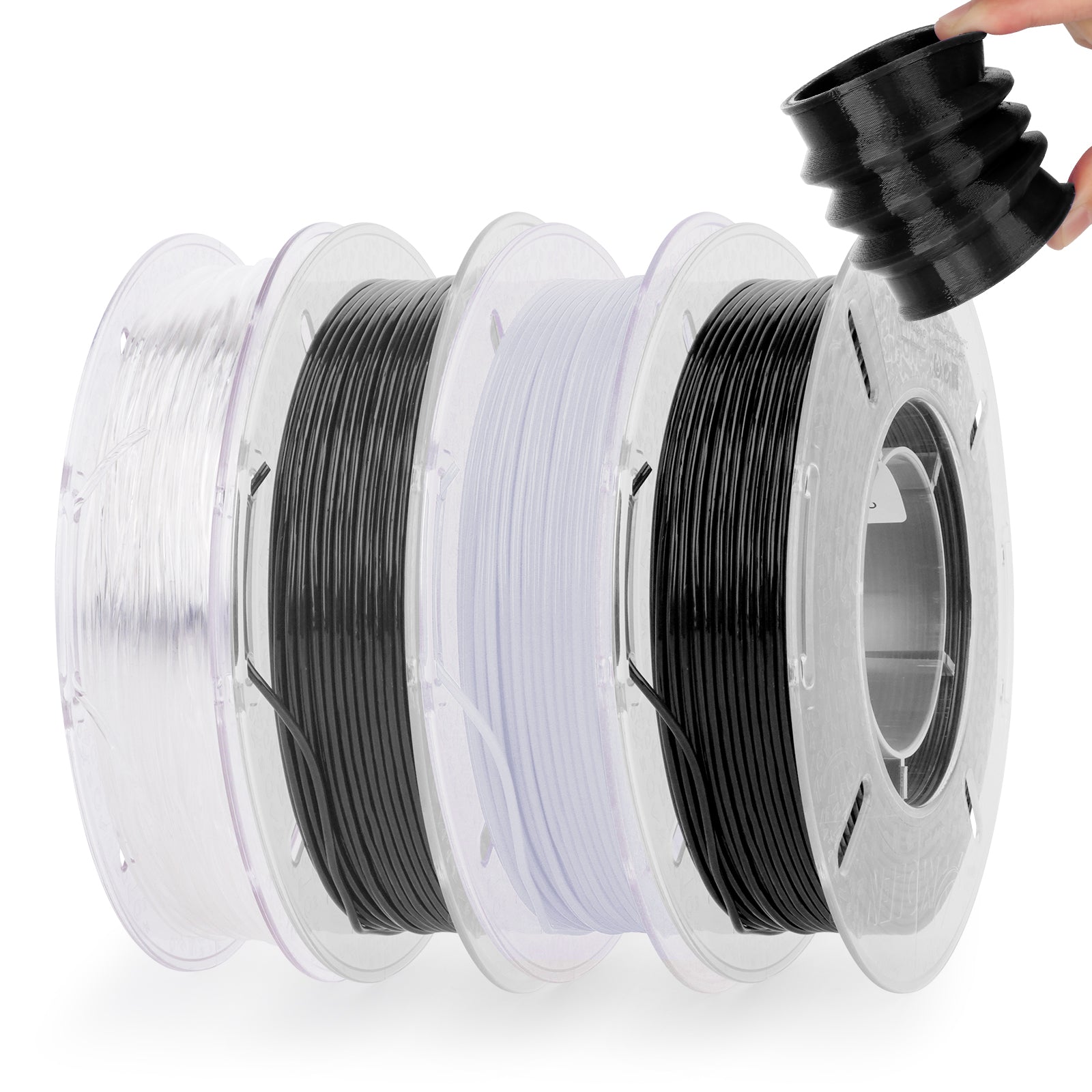 Amolen TPU Flexible Variety Pack with multiple colors of flexible filament and a printed part.