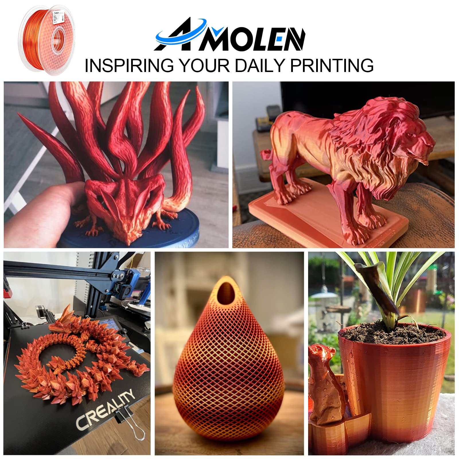 Amolen Silk Shiny Gradient PLA used in 3D printing, showcasing gradient color on various models.