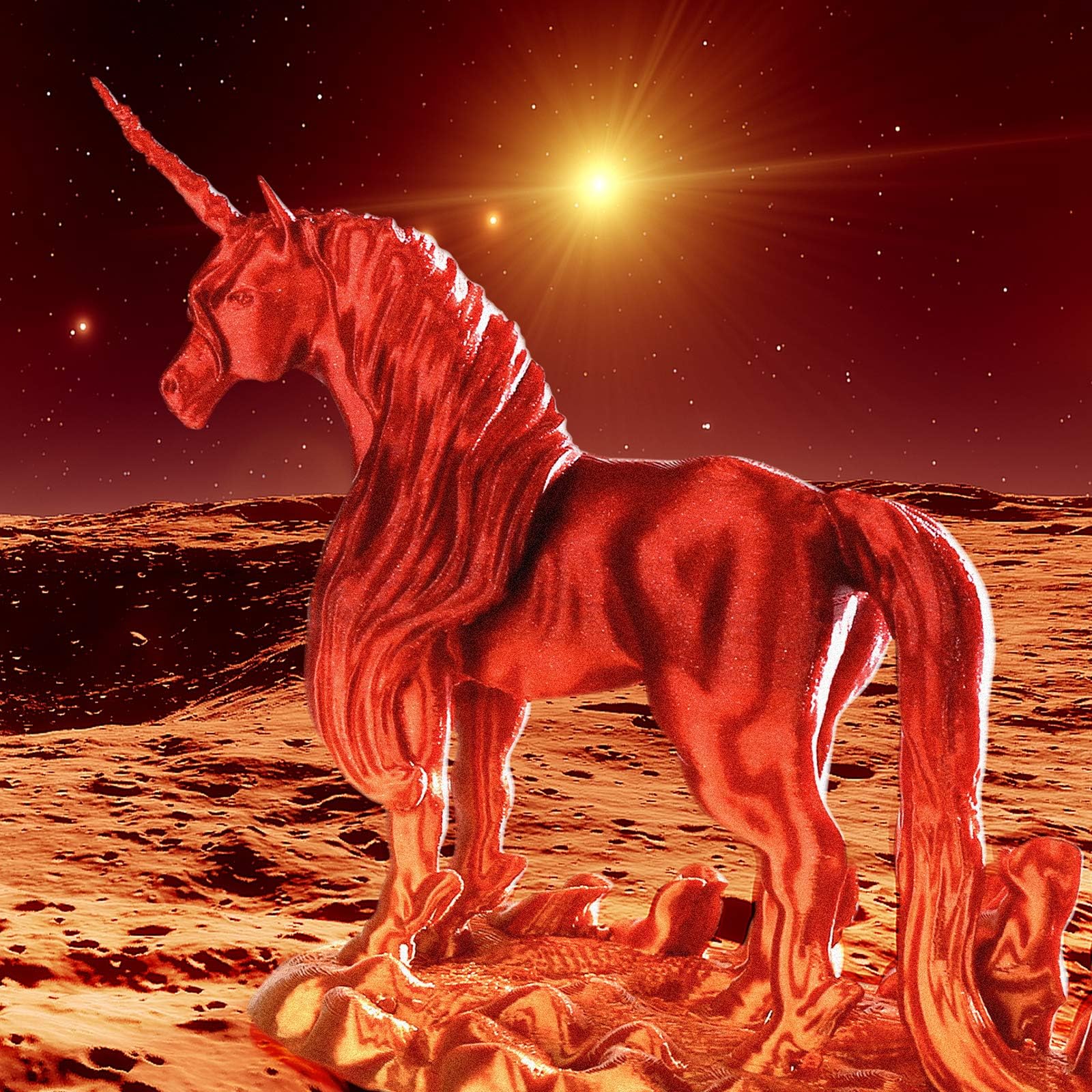 3D-printed red gradient unicorn with Amolen Silk Shiny PLA filament, ideal for 3D printing projects
