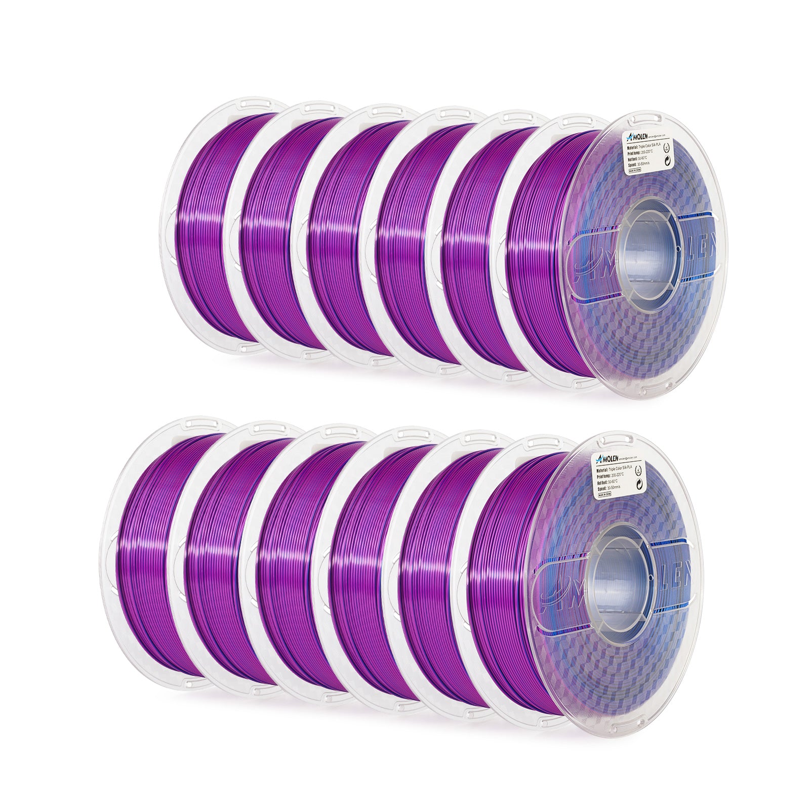 Amolen 12-pack purple Silk PLA filament spools. Triple Color PLA for 3D printing with optimal settings.