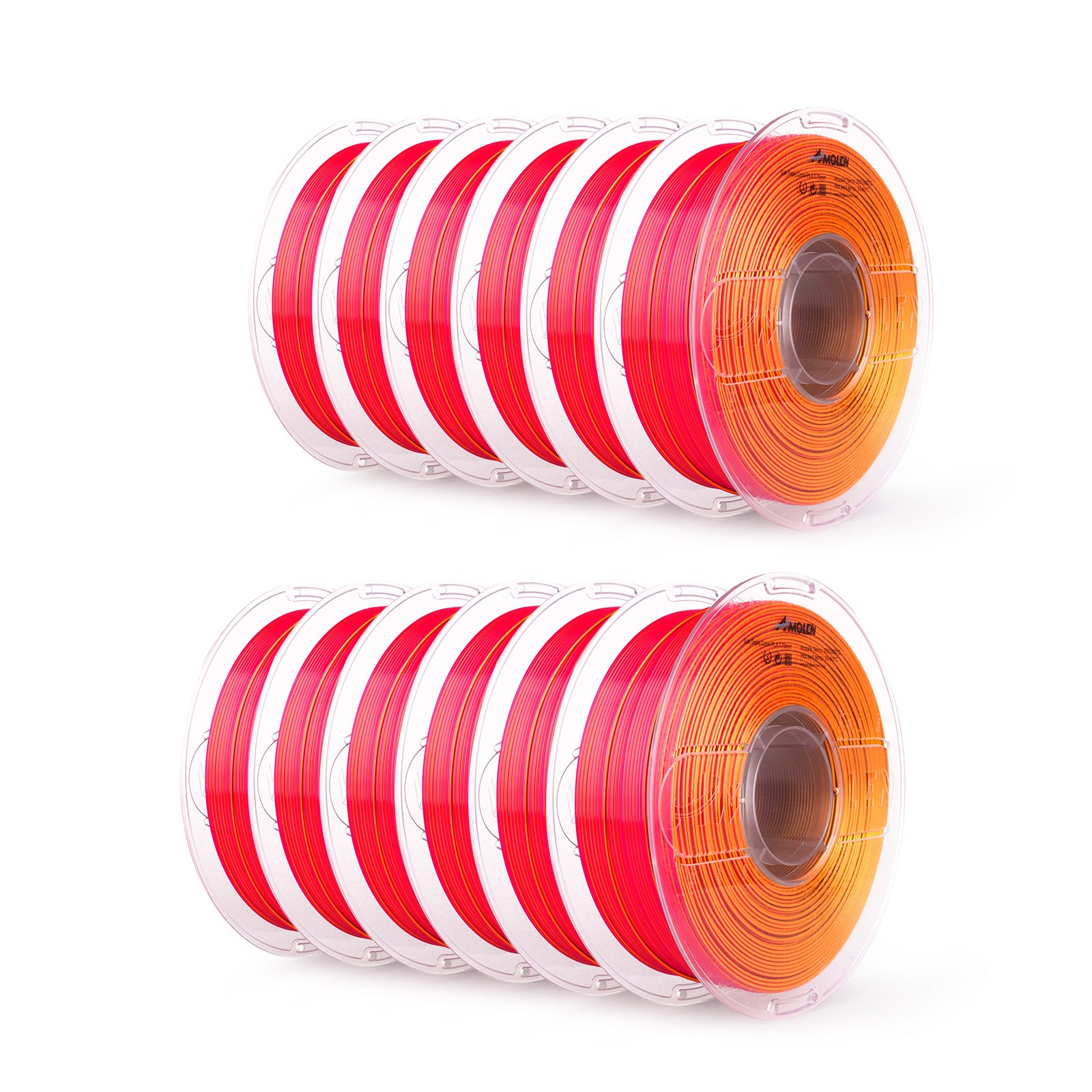 Amolen PLA Silk Triple Filament 1.75mm, 12-Pack, with color transitions from orange to red, perfect for 3D printing.