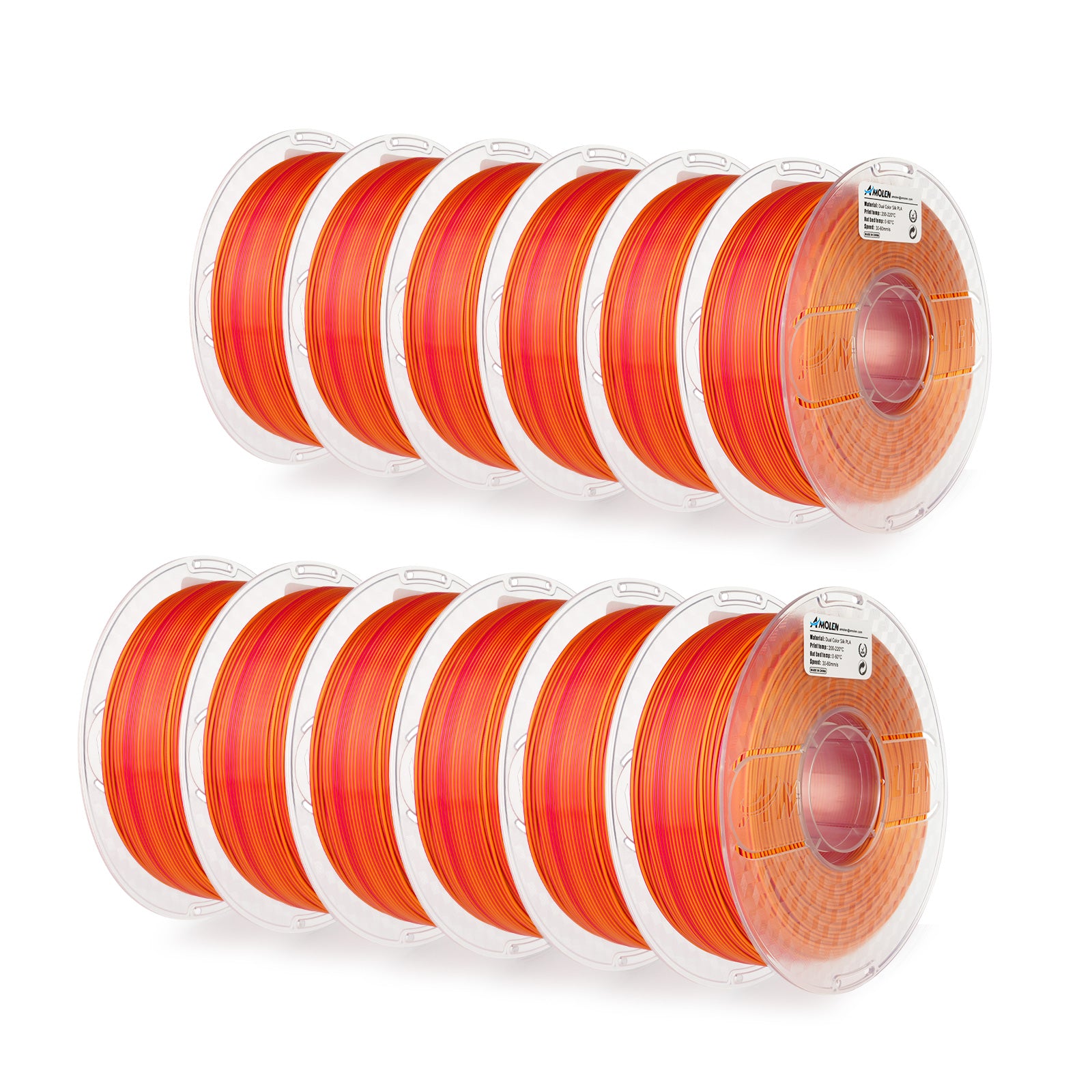 Amolen 12-pack Silk Dual Color PLA Filament in vibrant orange-red, perfect for 3D printing projects.