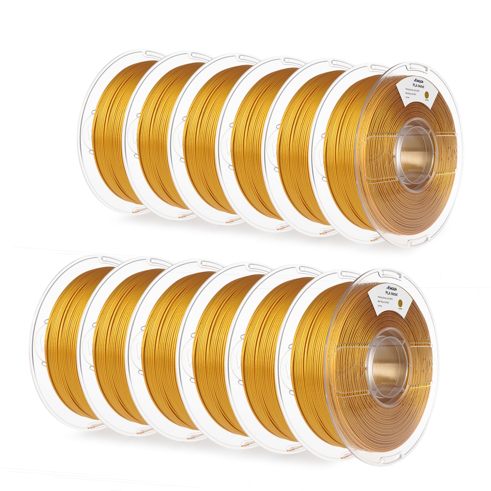 Amolen PLA Metal Real Gold Filament 12-Pack, ideal for 3D printing projects with high-quality and vibrant finish.