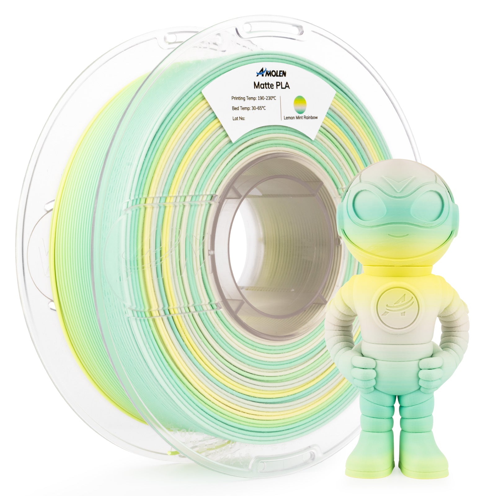 Amolen Matte PLA Lemon Mint Rainbow filament with 3D printed figure example for 3D printing