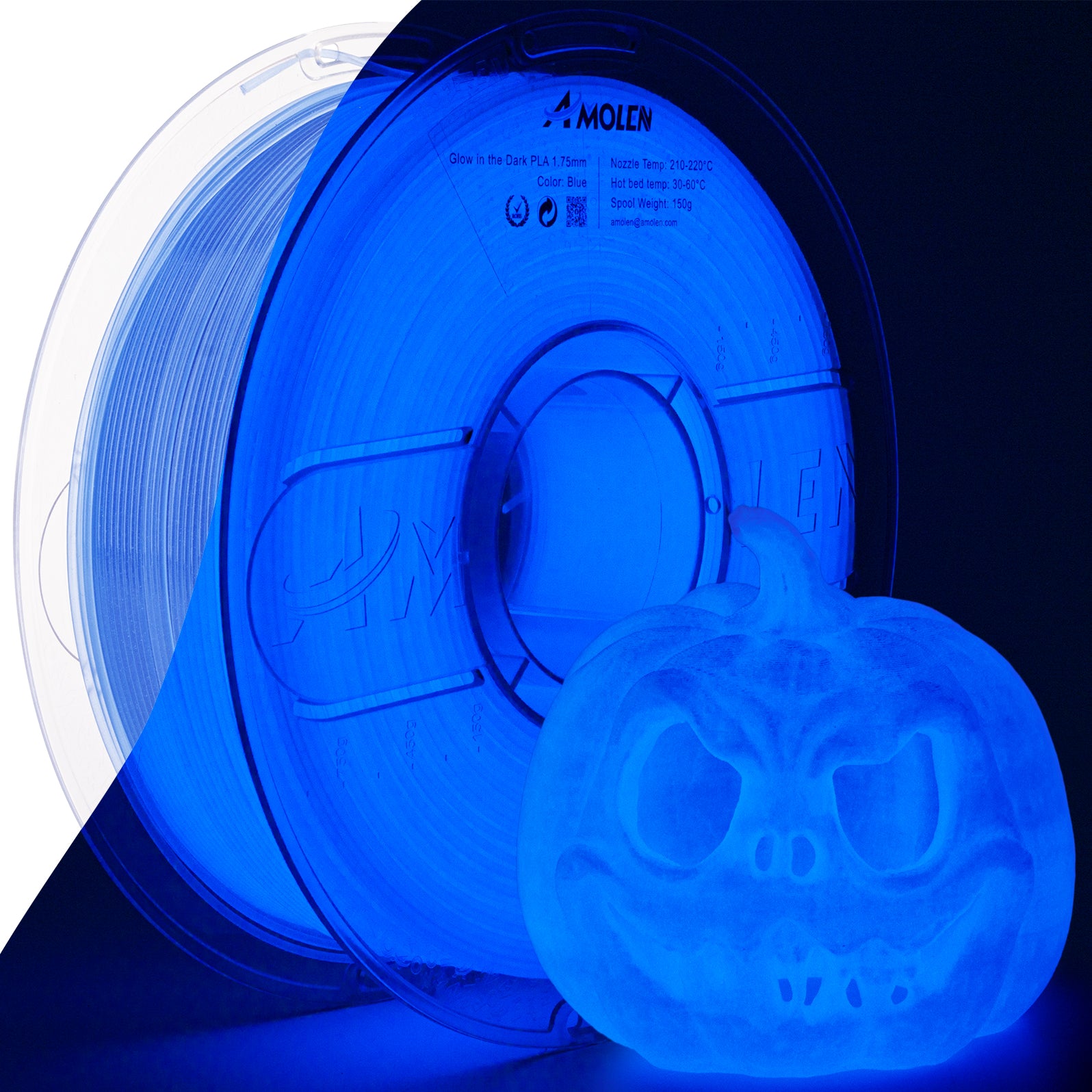 Amolen Glow-in-the-Dark PLA blue filament spool and 3D-printed glowing pumpkin for Halloween projects.