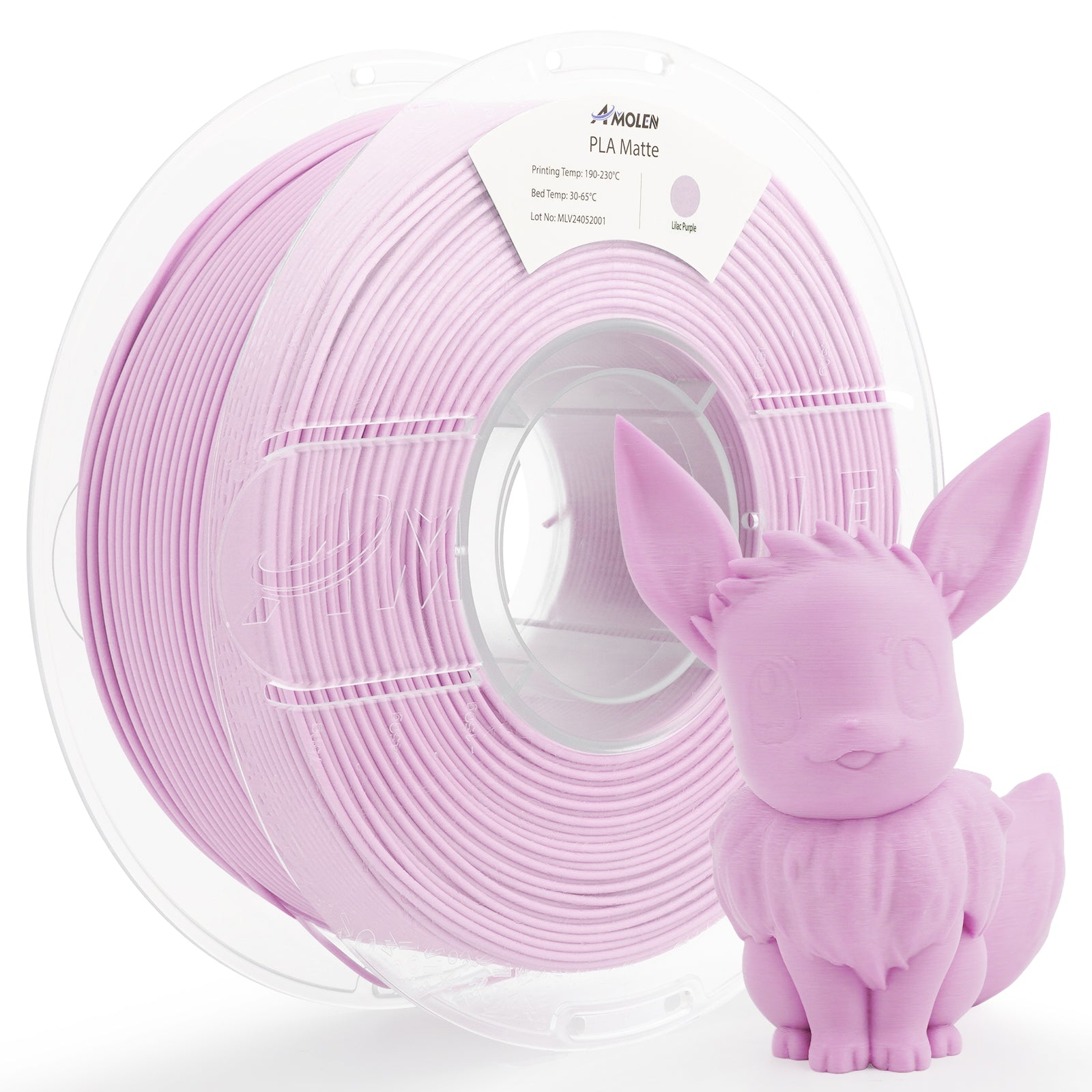 Amolen PLA Matte Lilac Purple filament spool with 3D printed Eevee model, perfect for 3D printing projects.