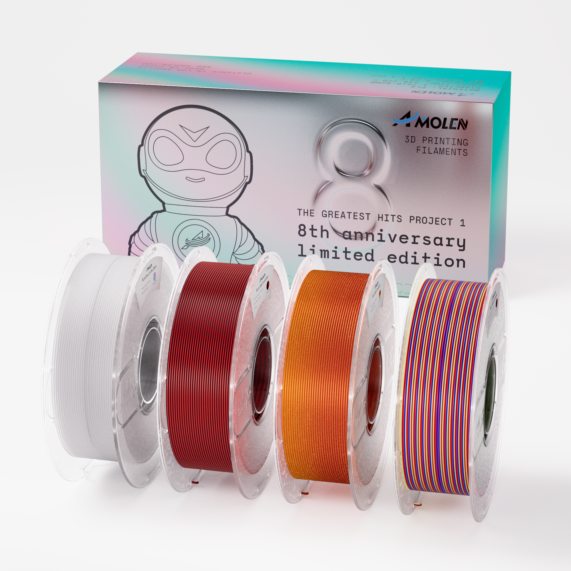 Amolen 8th Anniversary Limited Edition PLA filament set featuring four vibrant colors for 3D printing.