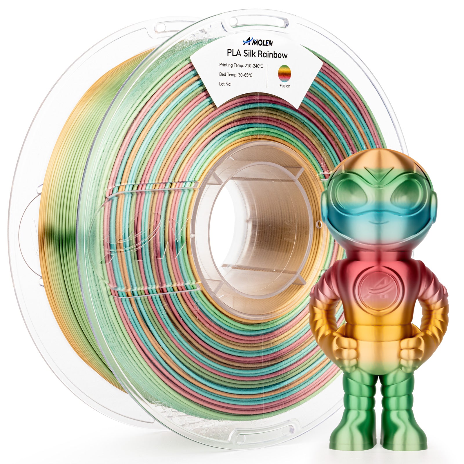 Amolen PLA Silk Rainbow filament spool with robot model, rainbow color gradient, silk surface finish for 3D printing