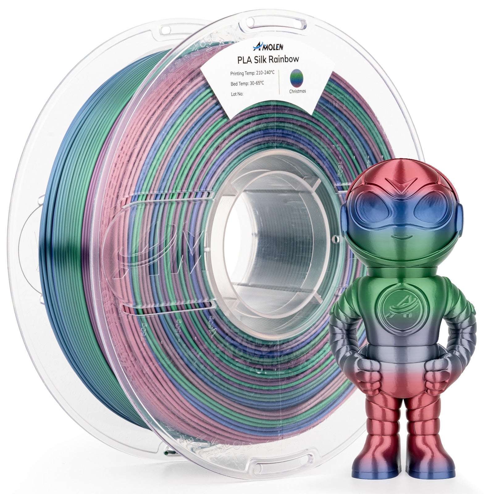 Amolen PLA Silk Rainbow filament spool with gradient colors, 3D-printed robot model, for 3D printing projects