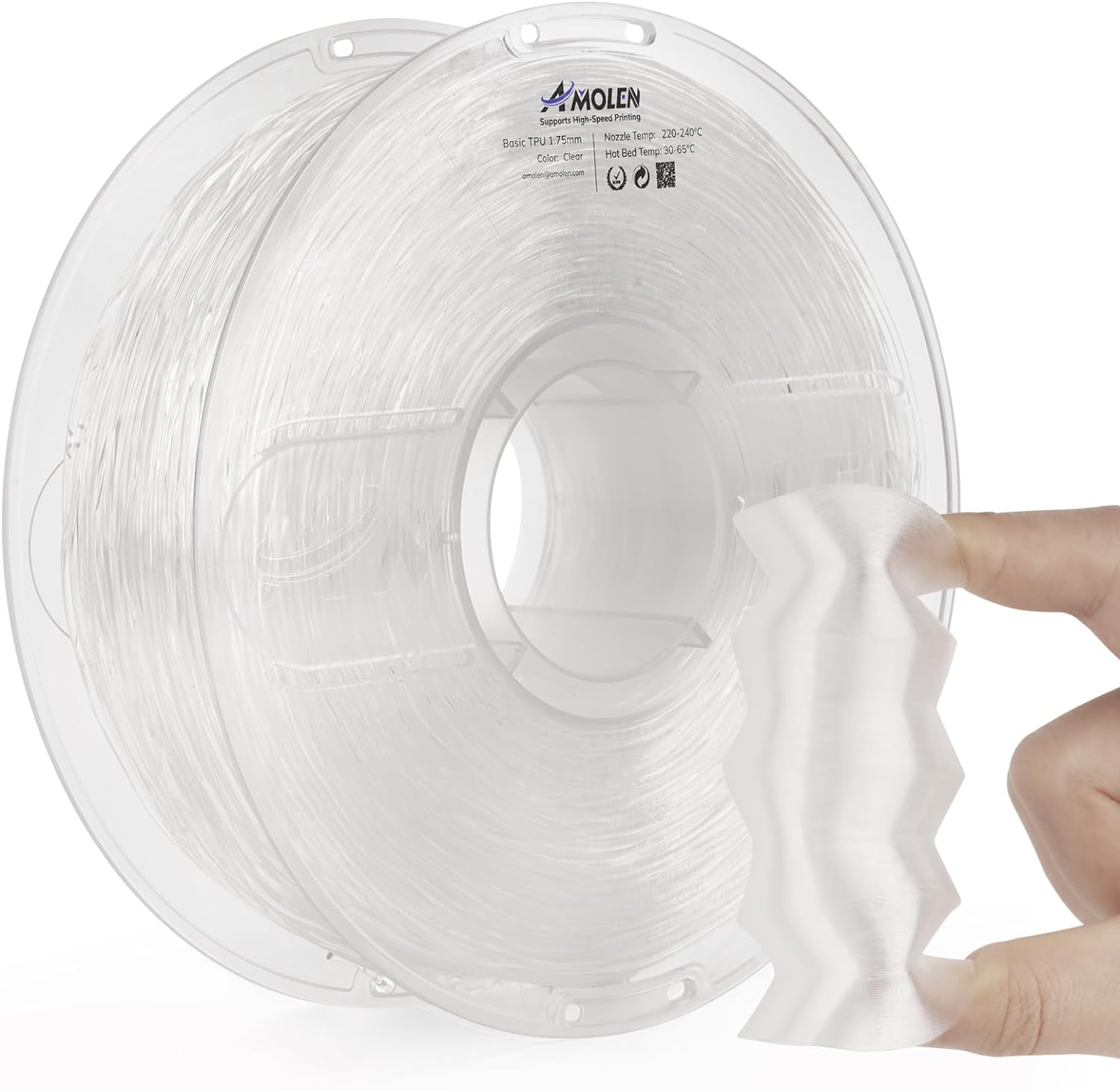 Amolen Basic TPU 1.75mm Clear Filament Spool with 3D Printed Object - High Elasticity, Eco-Friendly 3D Printing Material