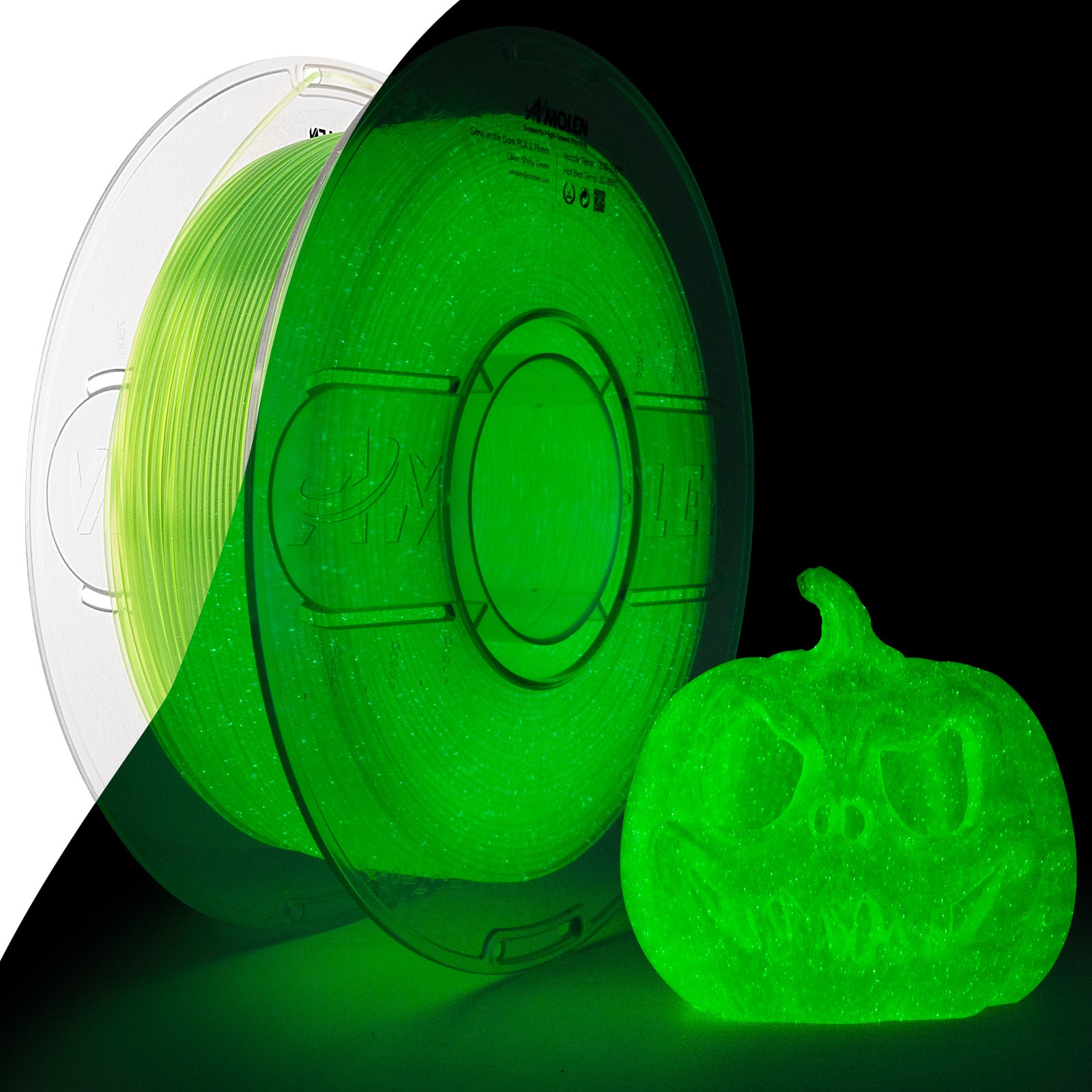 Amolen Glow in the Dark PLA 1.75mm Shiny Green filament spool and a glowing 3D-printed pumpkin for Halloween projects