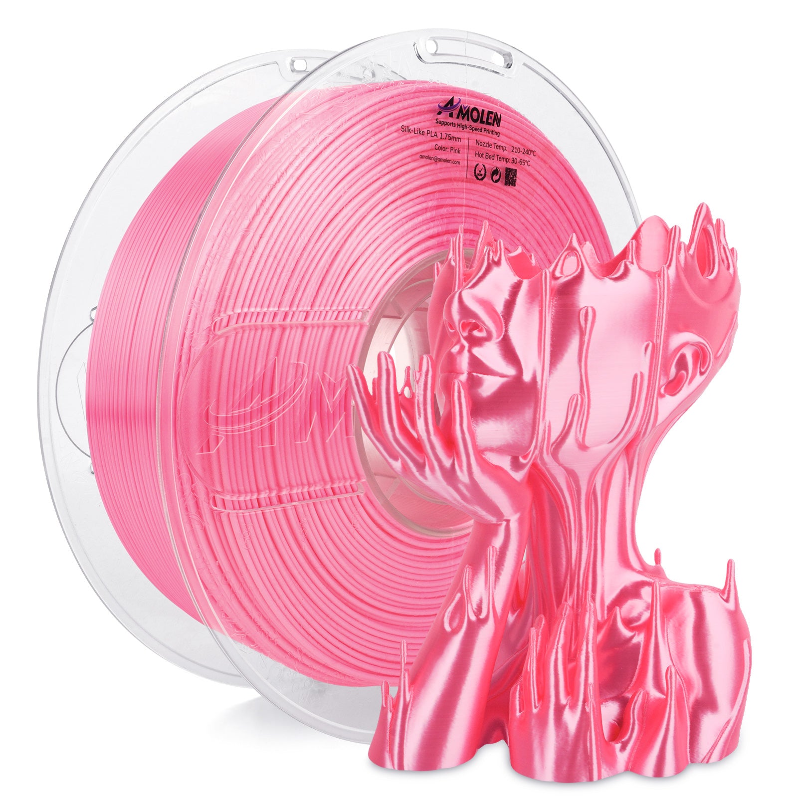 Pink Amolen Silk PLA filament spool with 3D printed sculpture, shiny finish, for high-speed printing