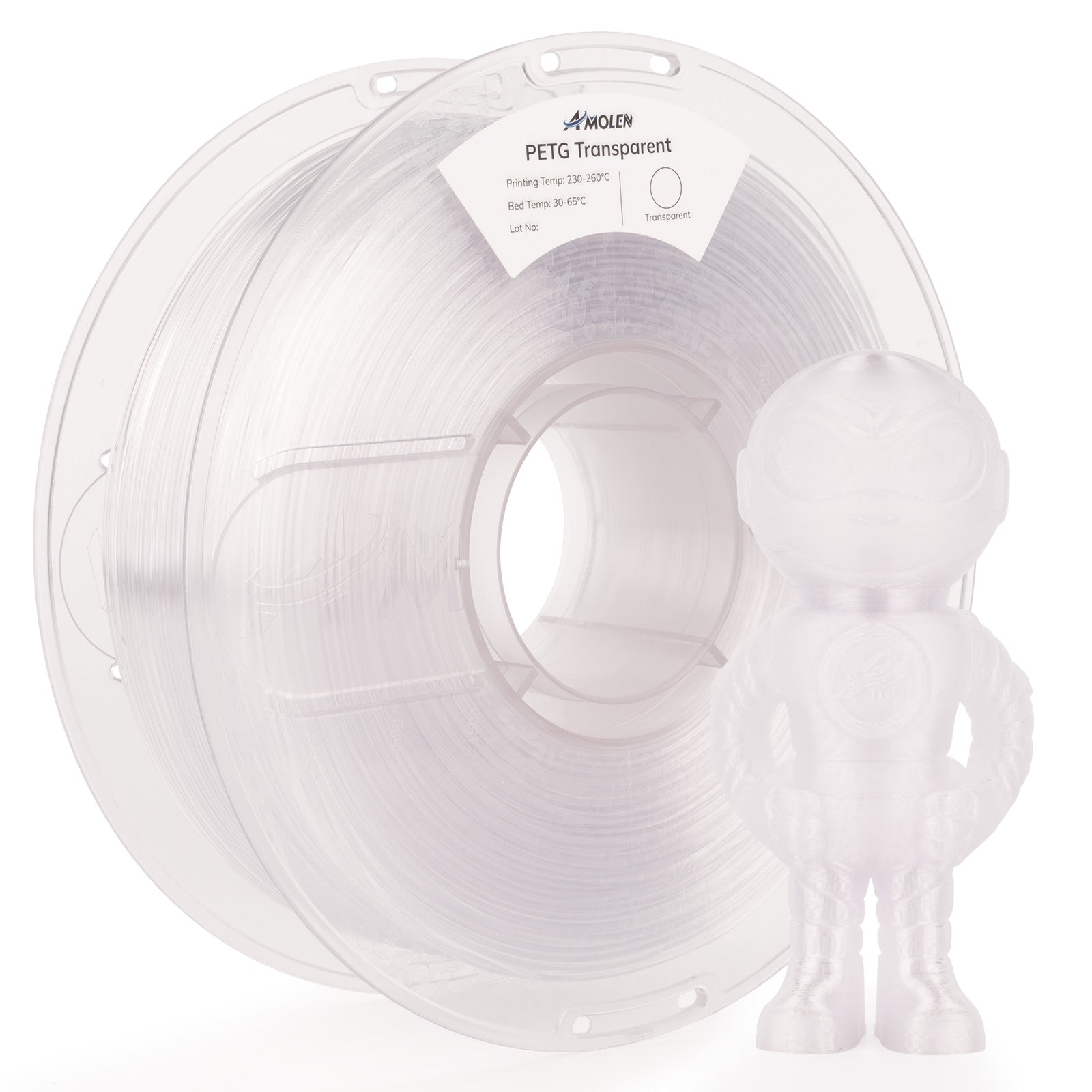 Amolen PETG Transparent filament spool and 3D printed robot figurine. Ideal for 3D printing projects.