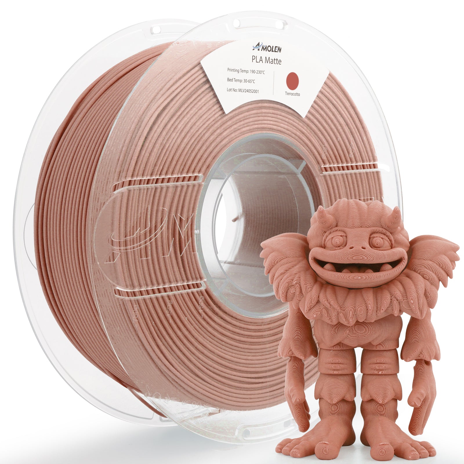 Amolen PLA Matte Terracotta filament with 3D printed monster model, ideal for 3D printing projects.