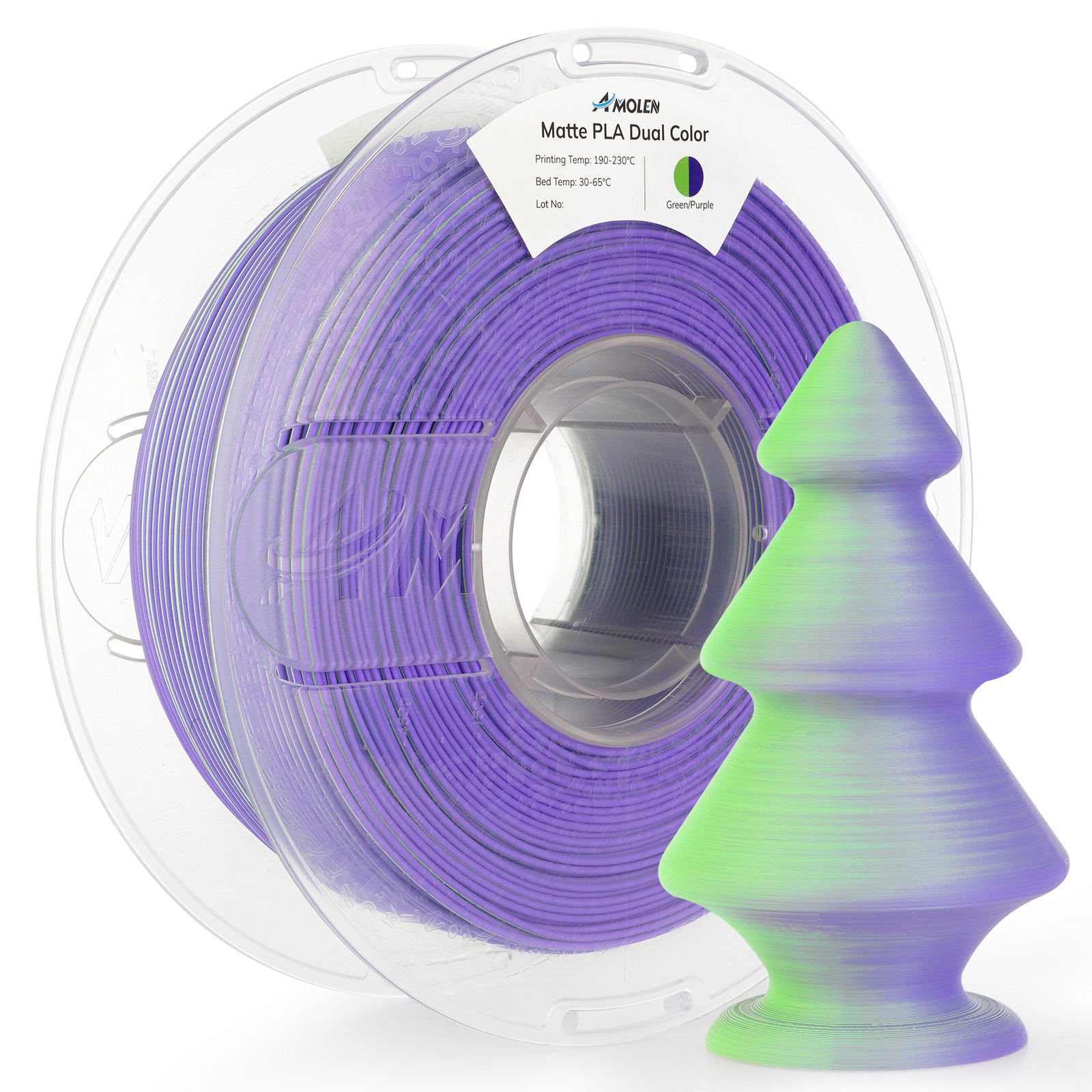 Amolen Matte PLA Dual Color filament spool with 3D printed tree showing green/purple color transition for 3D printing.