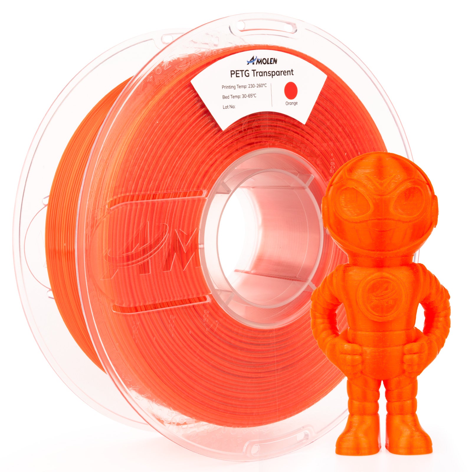 Amolen PETG Transparent orange filament spool with a 3D-printed robot, ideal for 3D printing projects