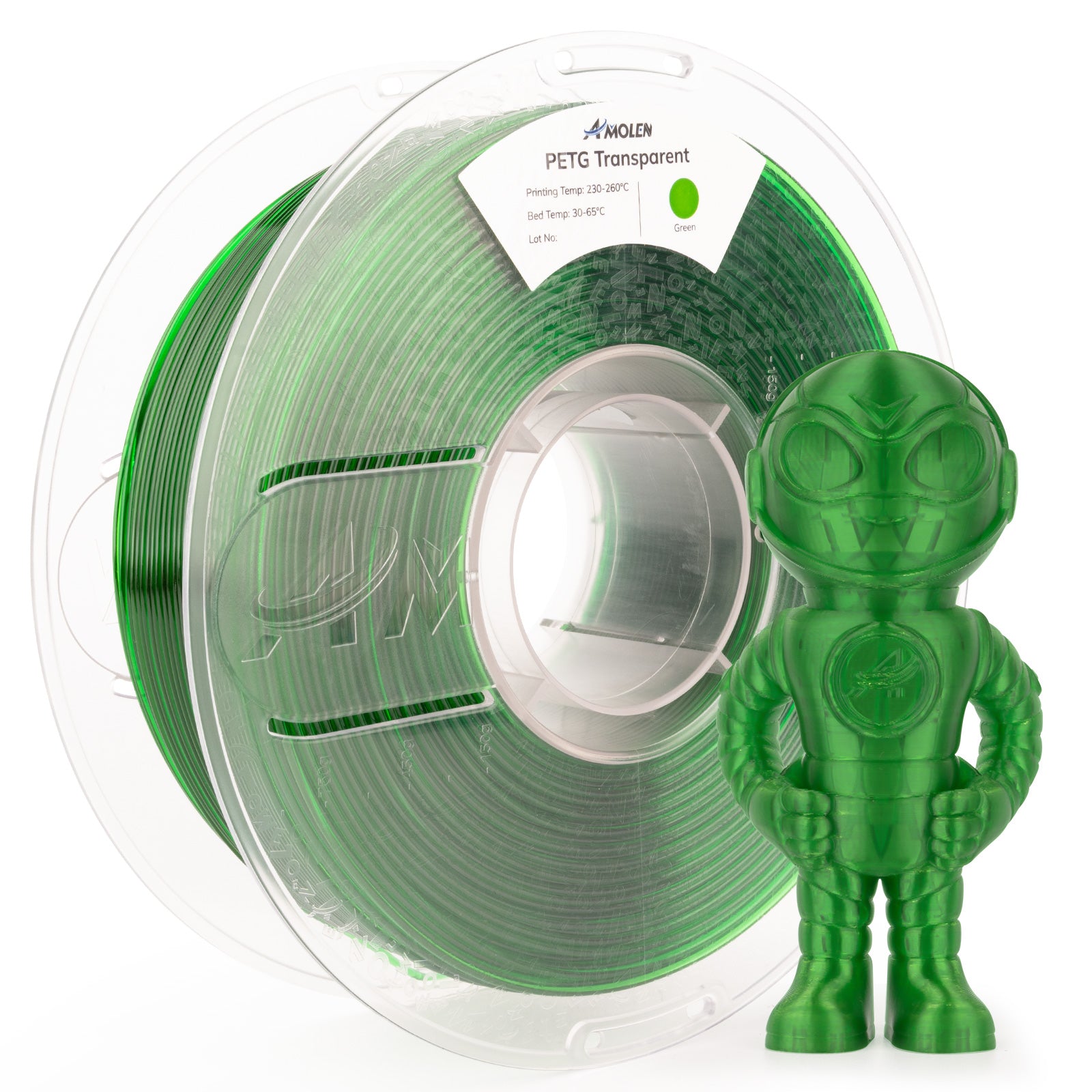 Amolen PETG Transparent Green filament with 3D-printed robot figurine, ideal for 3D printing projects