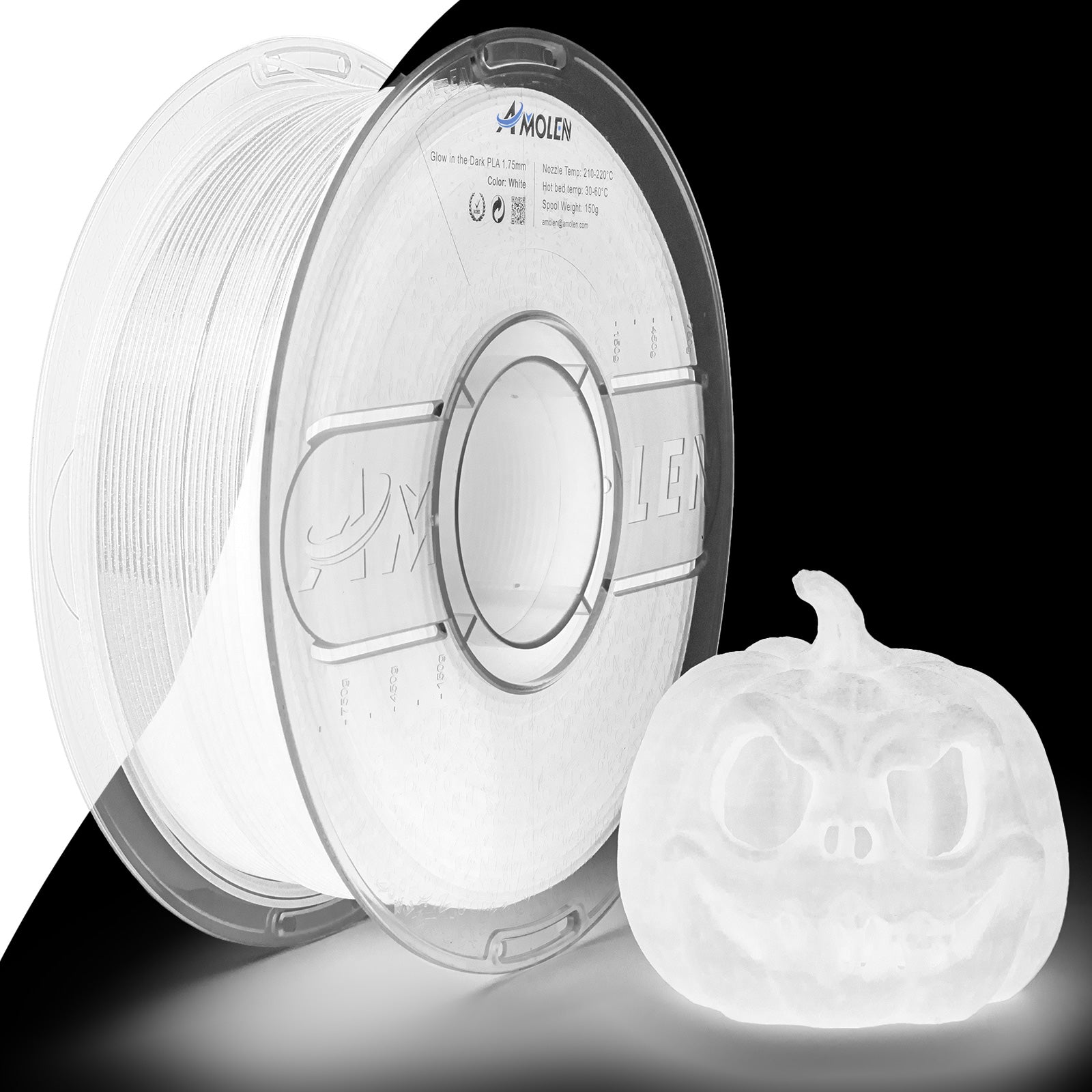 Amolen Glow-in-the-Dark PLA 1.75mm filament spool and 3D printed pumpkin example