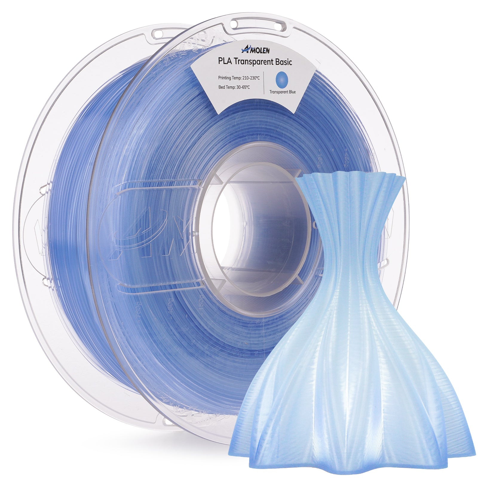 Amolen PLA Transparent Basic Blue filament spool and 3D-printed vase, gradient effect, 1.75mm material