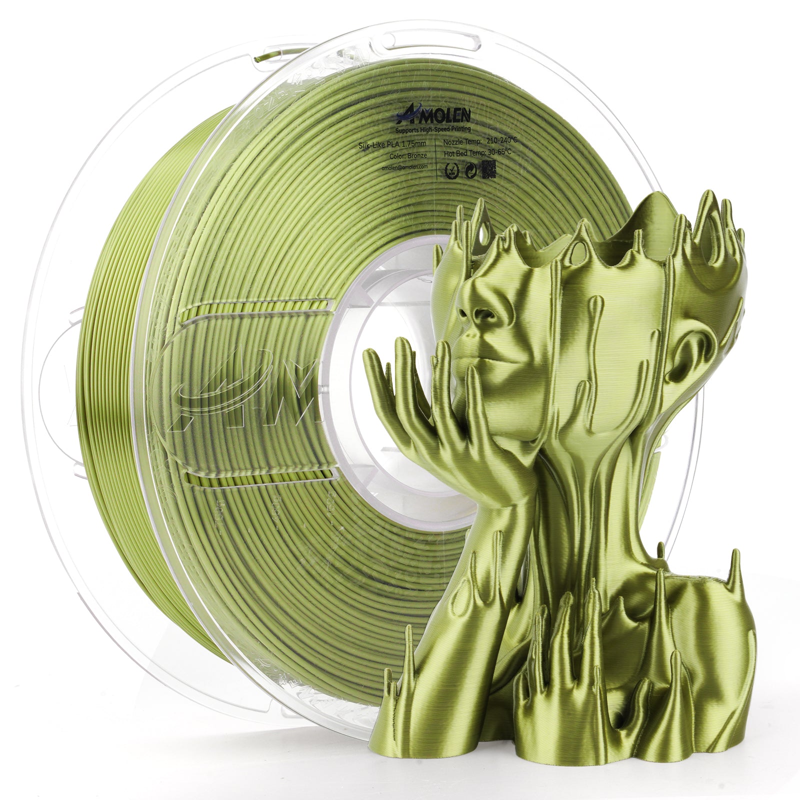 Amolen Silk-Like PLA bronze filament and 3D printed sculpture for 3D printing.
