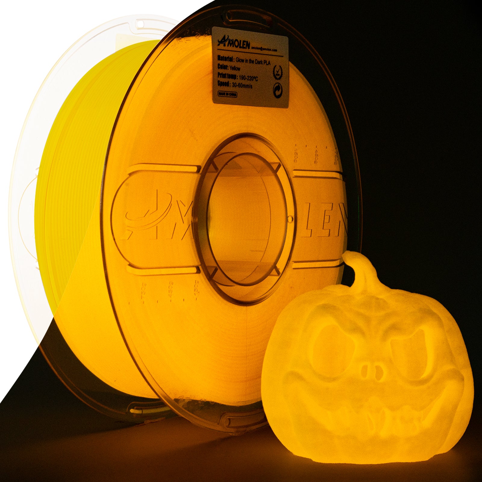 Amolen Glow-in-the-Dark PLA yellow filament spool with 3D-printed glowing pumpkin; great for Halloween
