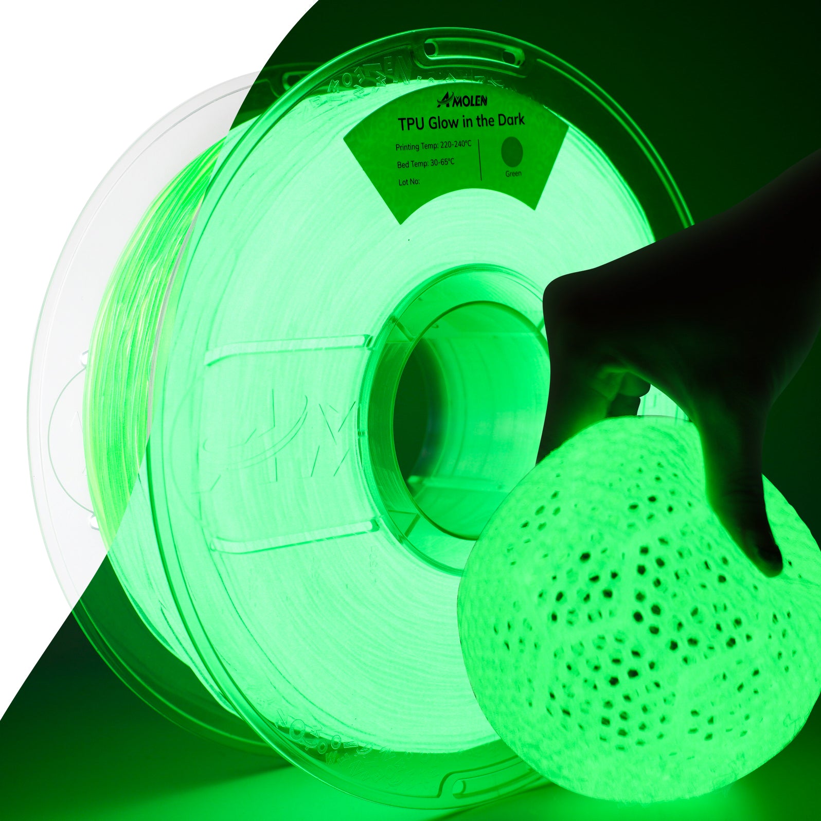Amolen TPU Glow in the Dark filament, glowing green spool and printed sample, perfect for 3D printing projects