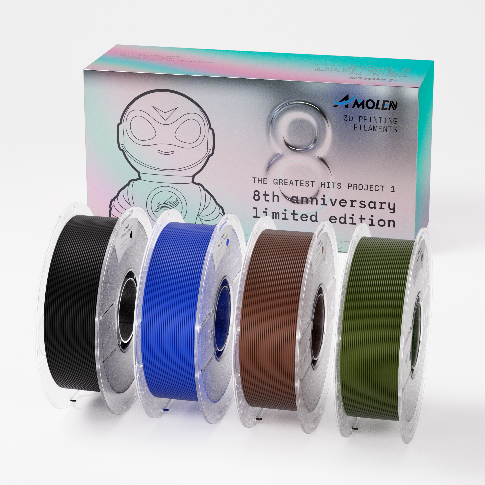 Amolen 8th Anniversary Limited Edition PLA filament set, featuring four colors for 3D printing.