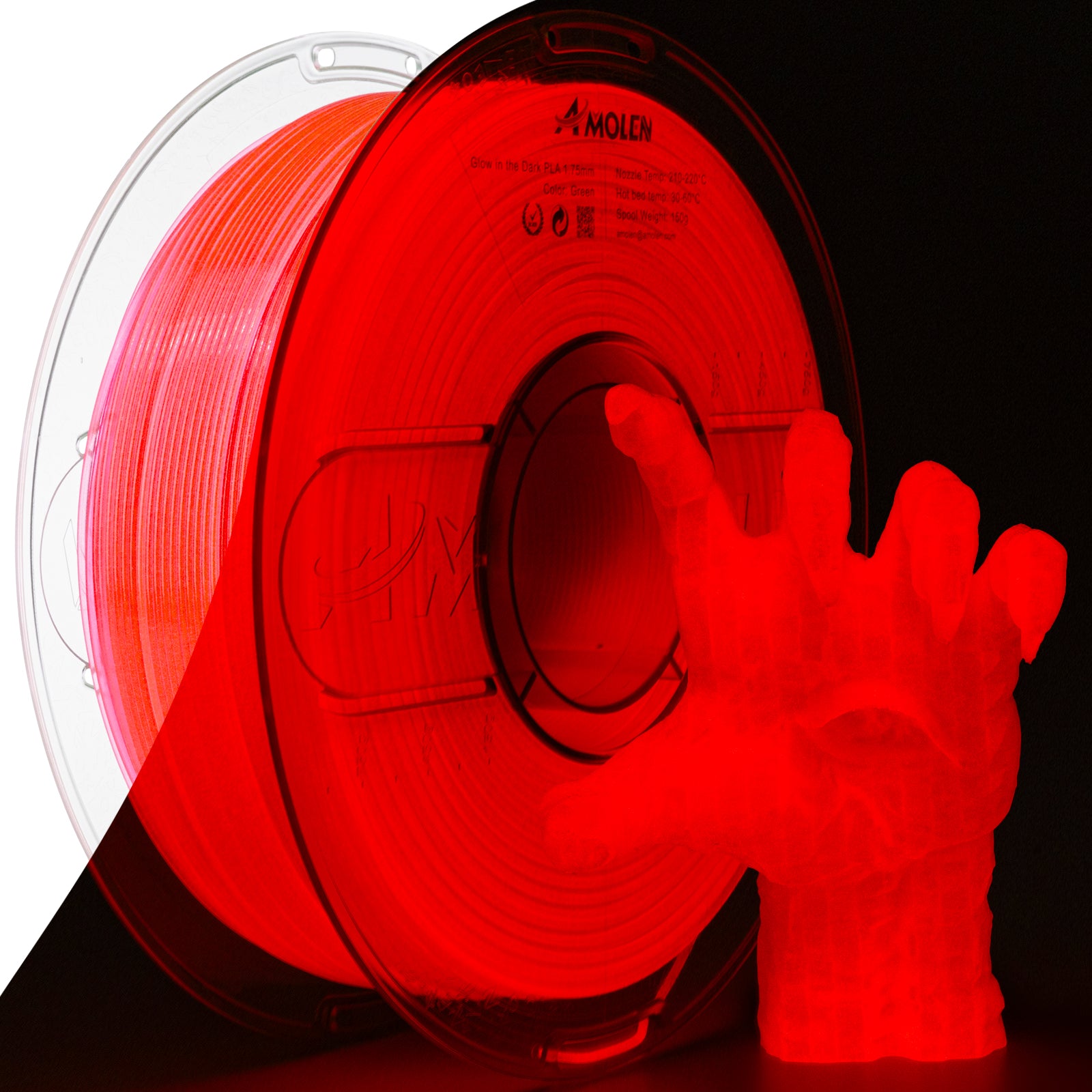 Amolen Glow in the Dark Green PLA filament spool with glowing 3D printed hand. Perfect for glow projects.