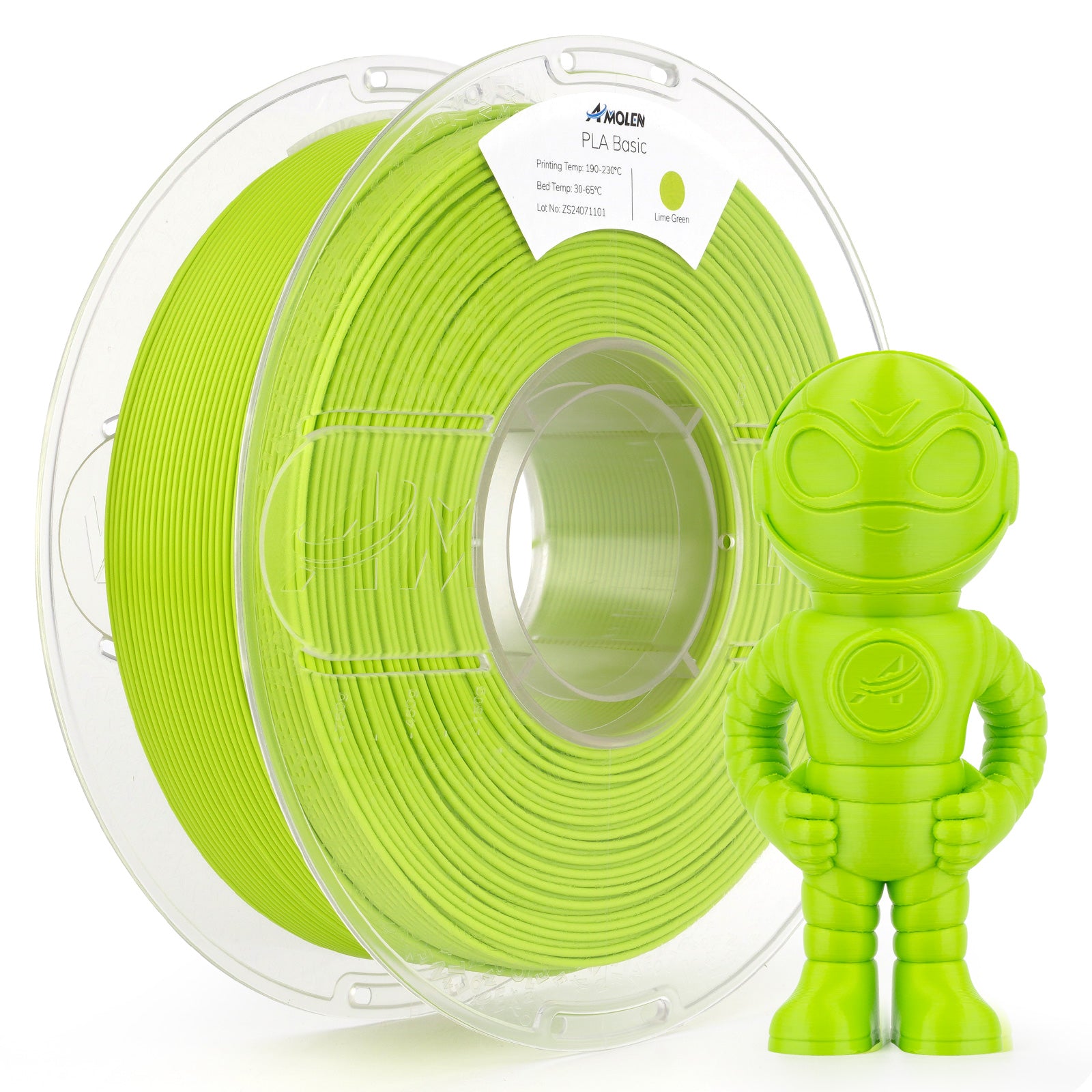 Amolen PLA Basic Lime Green filament spool and 3D-printed robot figure; 3D printing material.