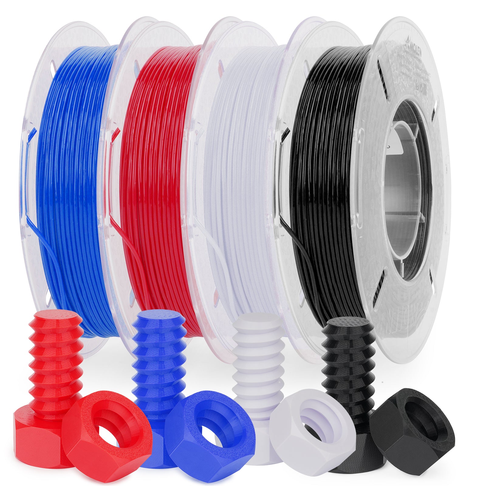 Amolen TPU Flexible Variety Pack with blue, red, white, and black filaments and 3D printed parts