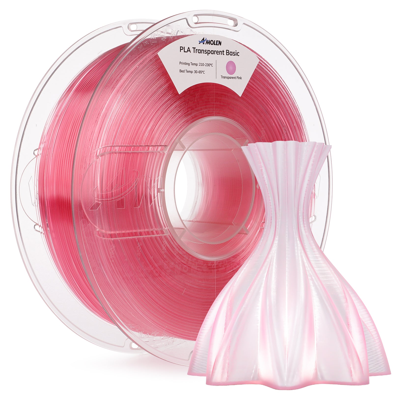 Amolen PLA Transparent Pink filament spool and 3D-printed vase, gradient effect, 1.75mm material