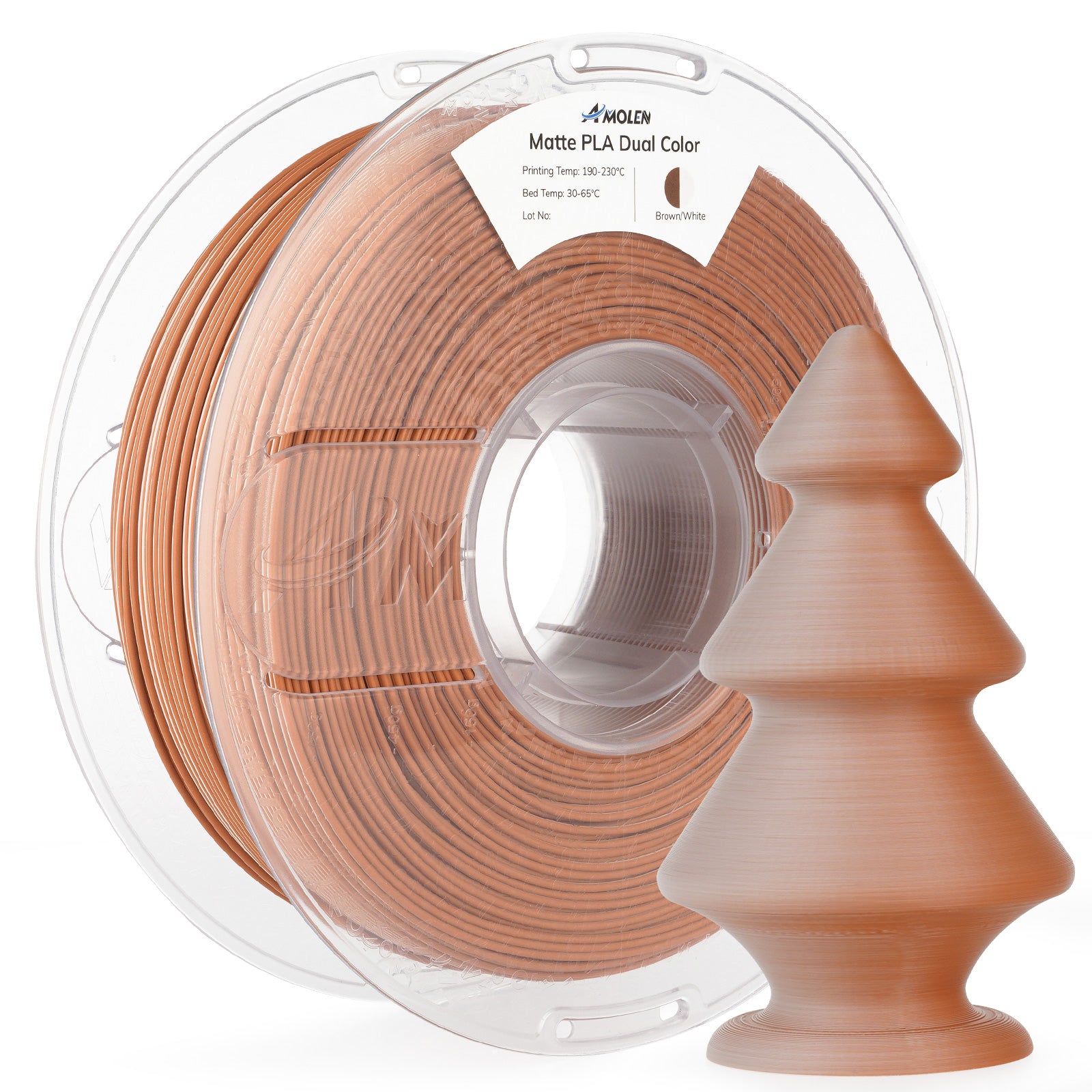 Amolen Matte PLA Dual Color filament spool with 3D printed tree. Brown/White, ideal for 3D printing.