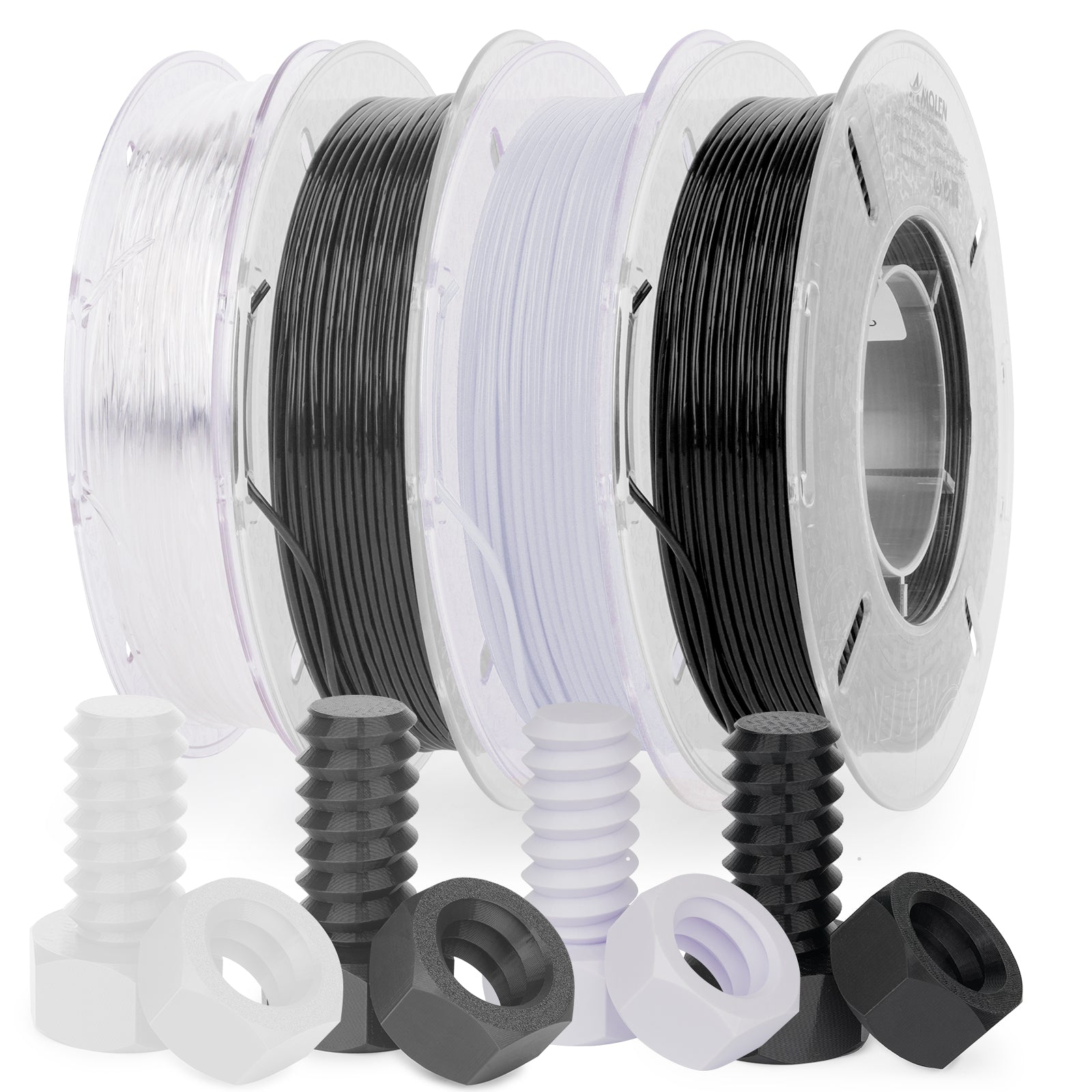 Amolen TPU Flexible Variety Pack with multiple filament colors including black and white with 3D printed parts