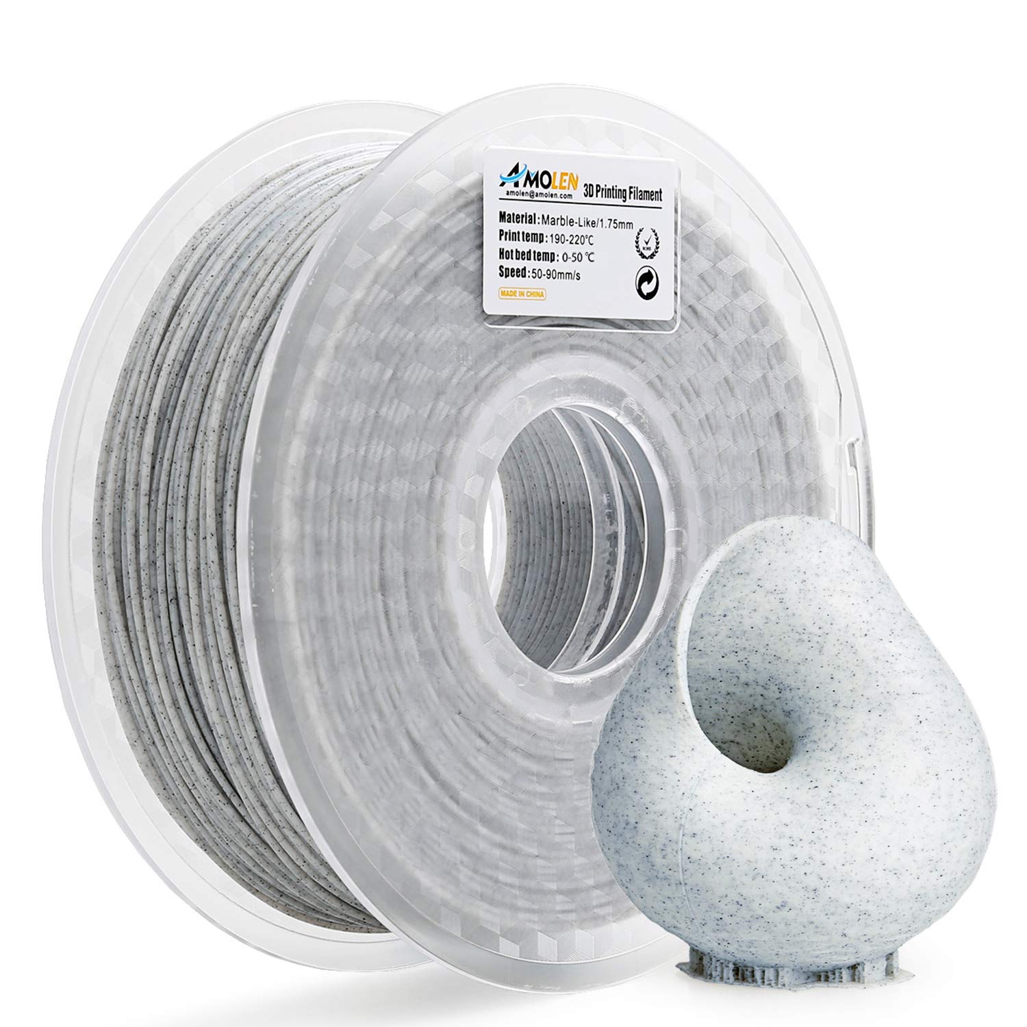 Amolen PLA Marble 1.75mm filament spool and 3D printed model, with marble-like texture