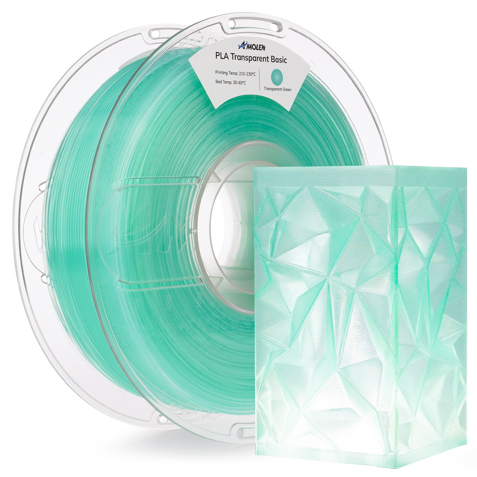 Amolen PLA Transparent Green filament spool and 3D-printed geometric model; transparent and eco-friendly material