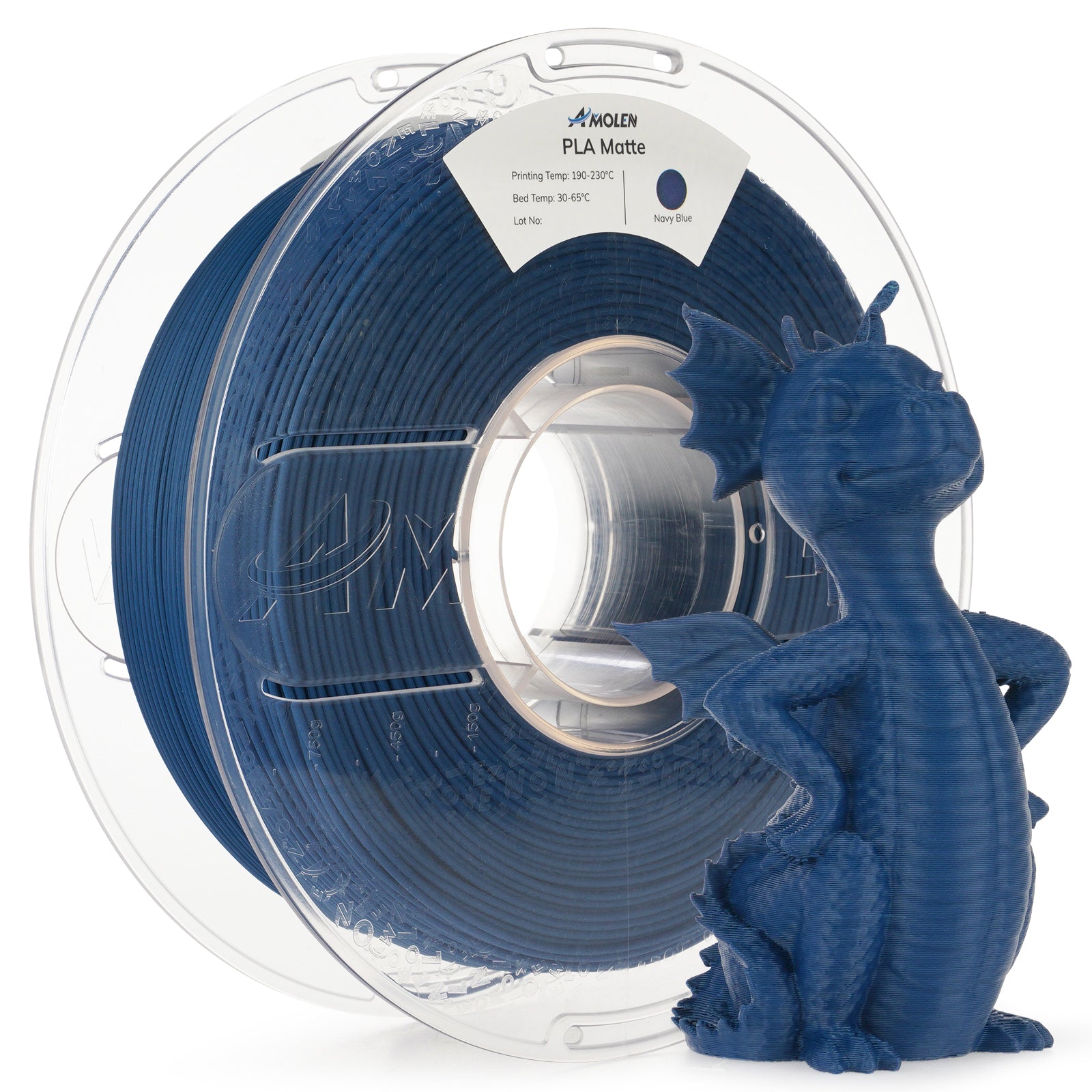 Amolen PLA Matte Navy Blue filament with 3D printed dragon, ideal for 3D printing projects